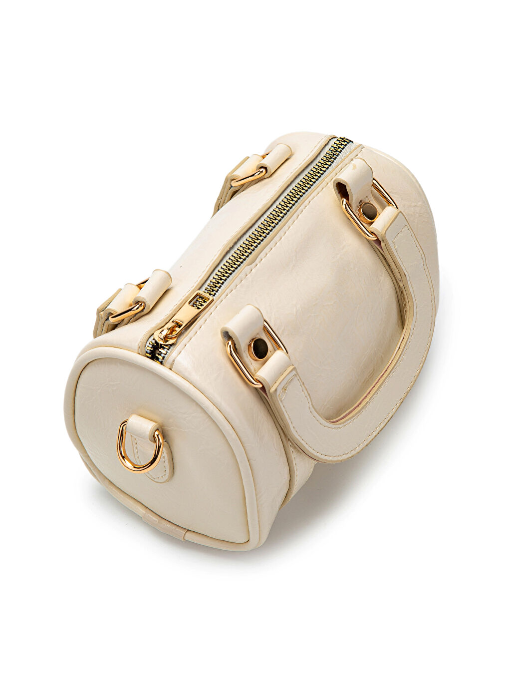 Ekru Suni Deri Lony Yuvarlak Kadın Çapraz Çanta Krem-4