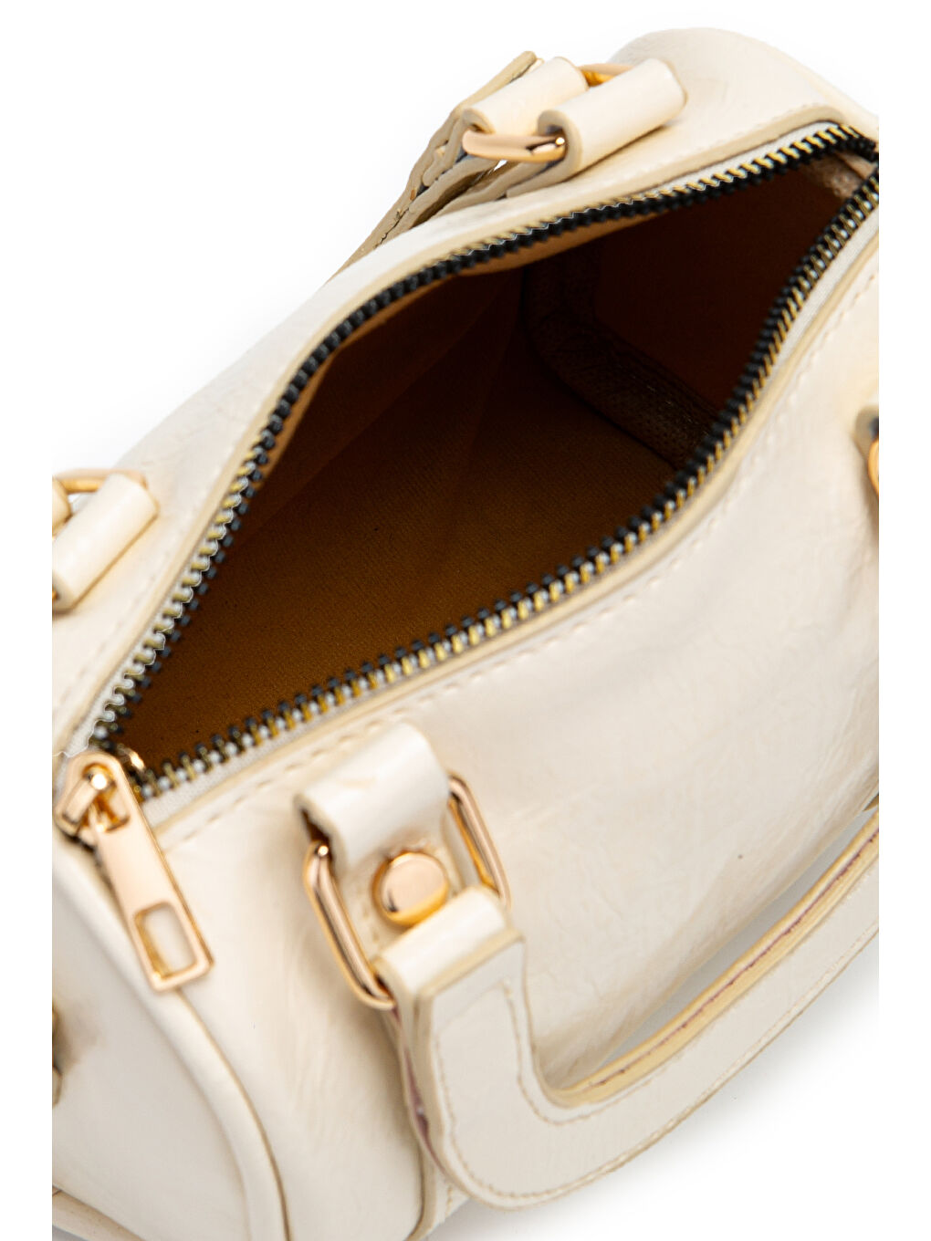 Ekru Suni Deri Lony Yuvarlak Kadın Çapraz Çanta Krem-5