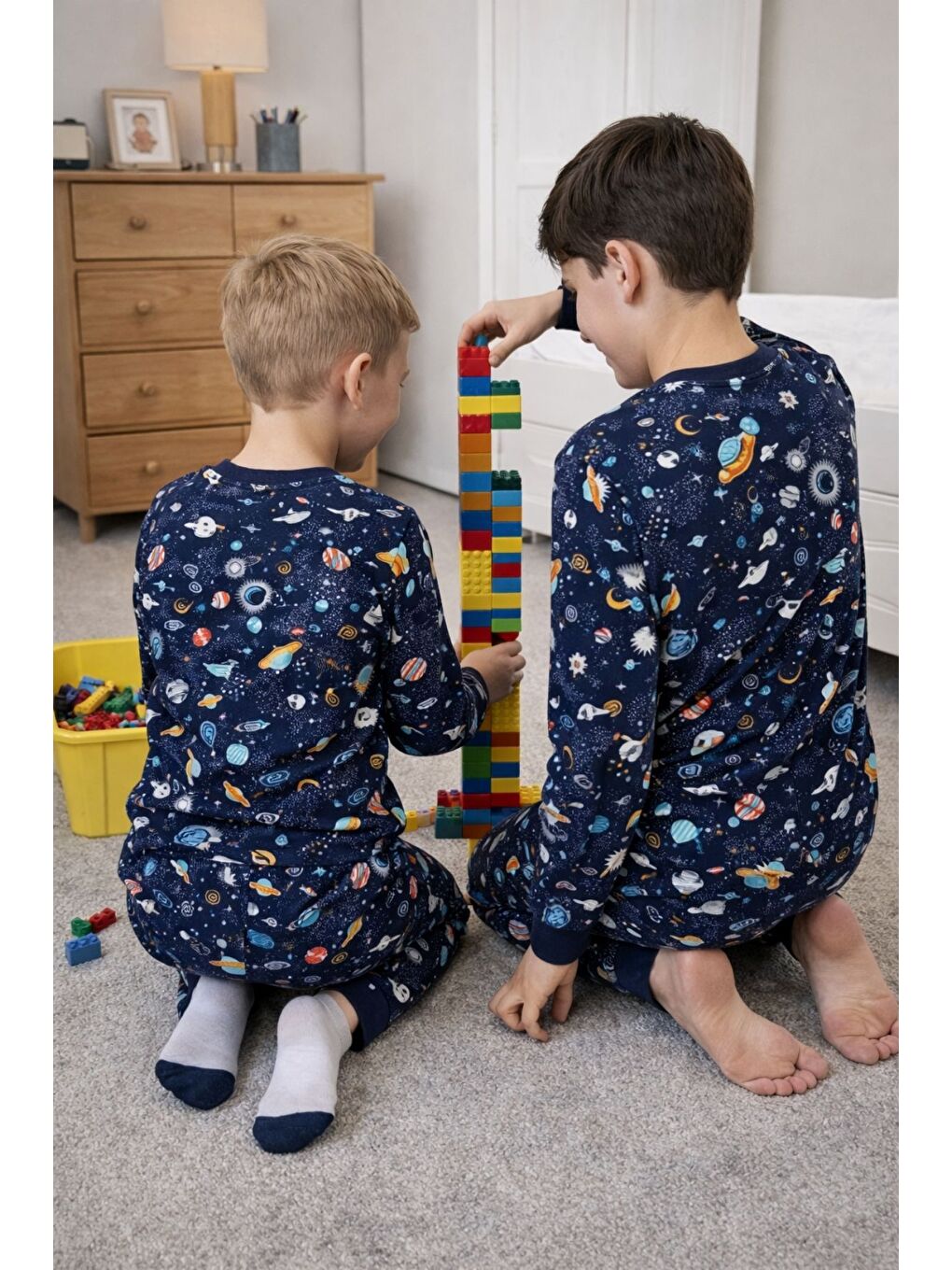 Gezegen Desenli %100 Pamuk Lacivert Çocuk Pijama Takımı-3