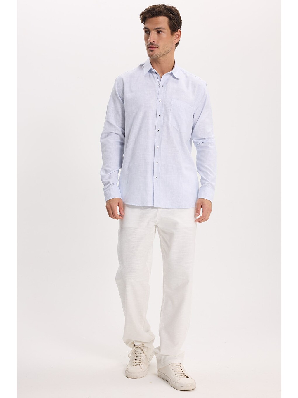 Erkek Regular Fit Klasik Kesim Oversize %100 Pamuk Keten Doku Mavi Gömlek-1