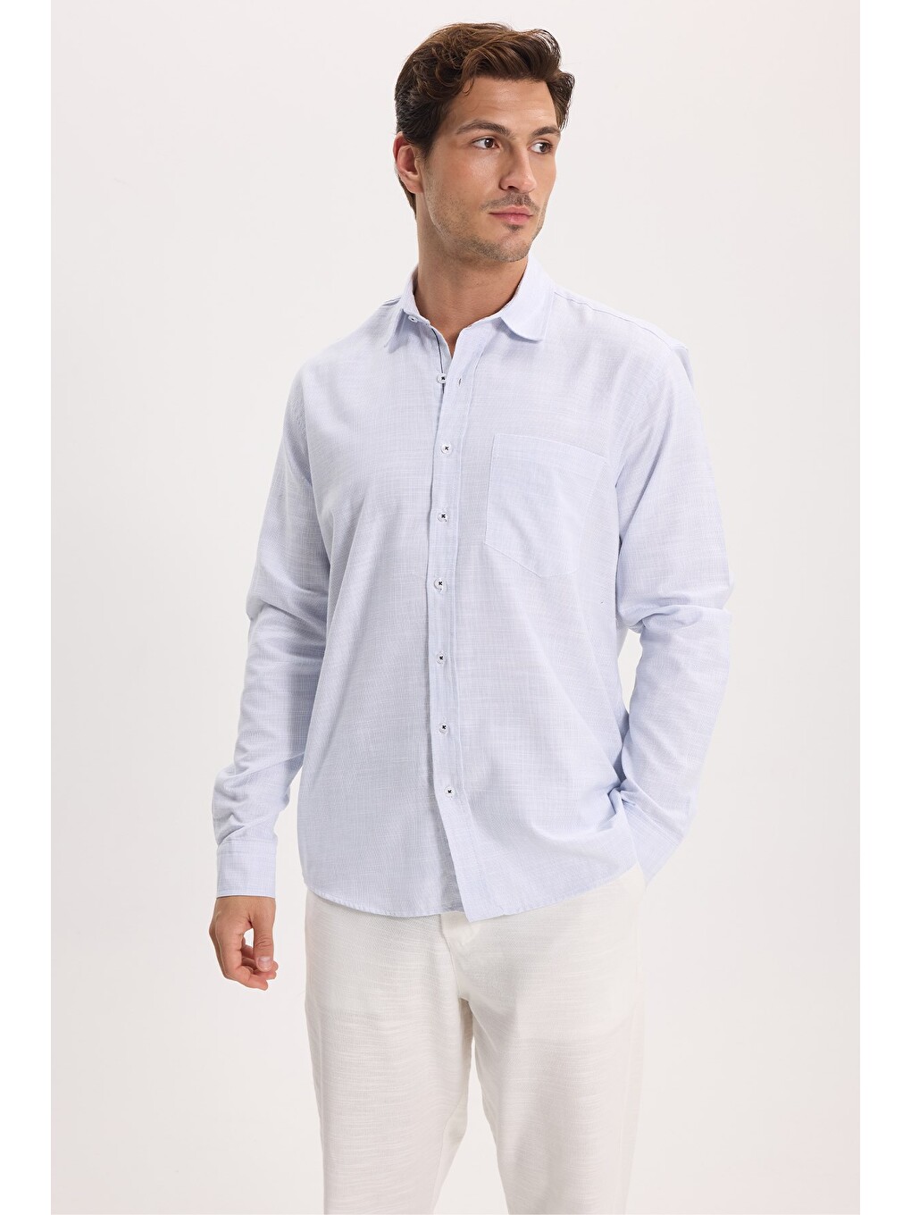 Erkek Regular Fit Klasik Kesim Oversize %100 Pamuk Keten Doku Mavi Gömlek-2
