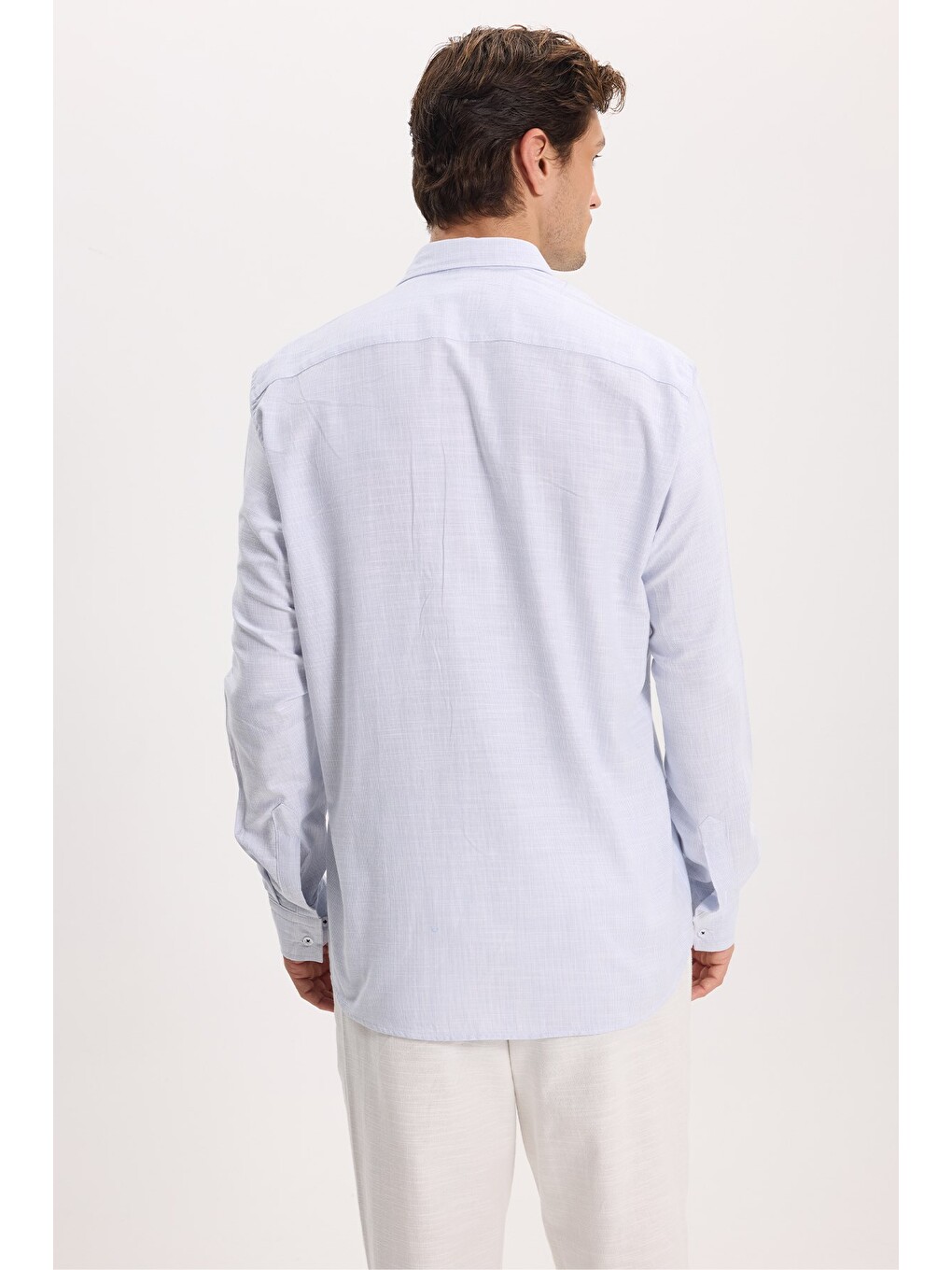 Erkek Regular Fit Klasik Kesim Oversize %100 Pamuk Keten Doku Mavi Gömlek-6