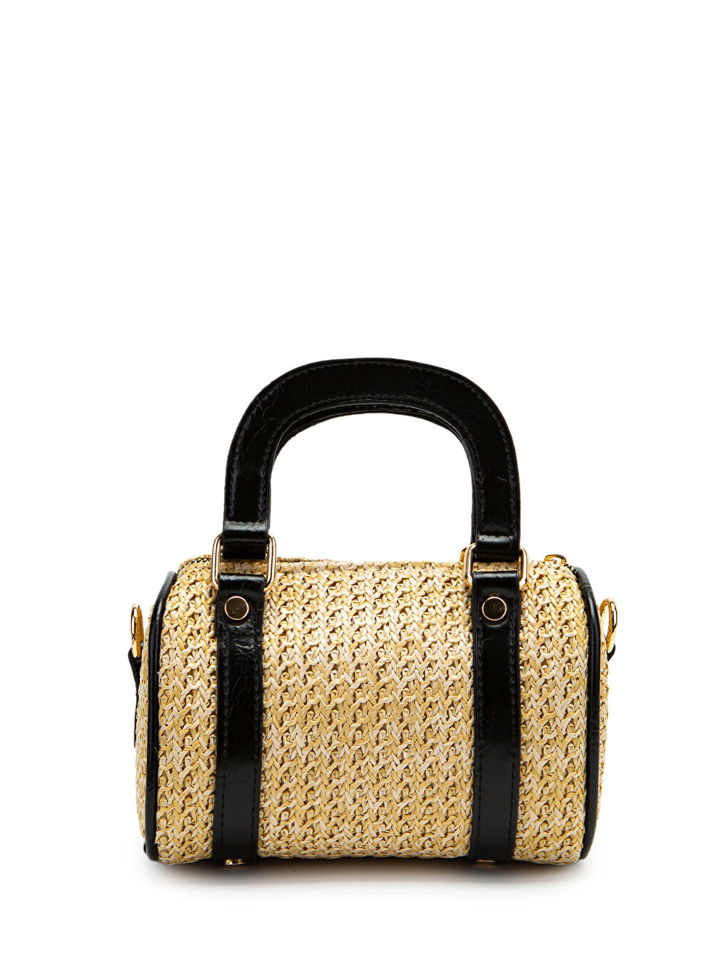 Ekru Suni Deri Lony Yuvarlak Kadın Çapraz Çanta Hasır Siyah