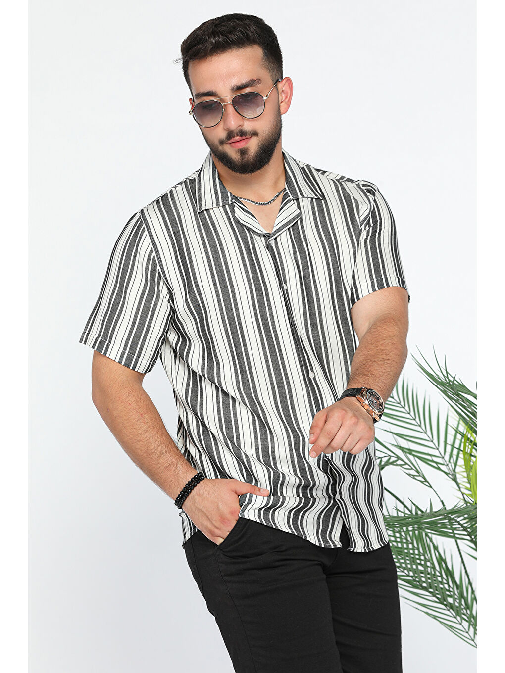 Mishar İtalia Siyah Slim Fit Desenli Keten Gömlek - 1