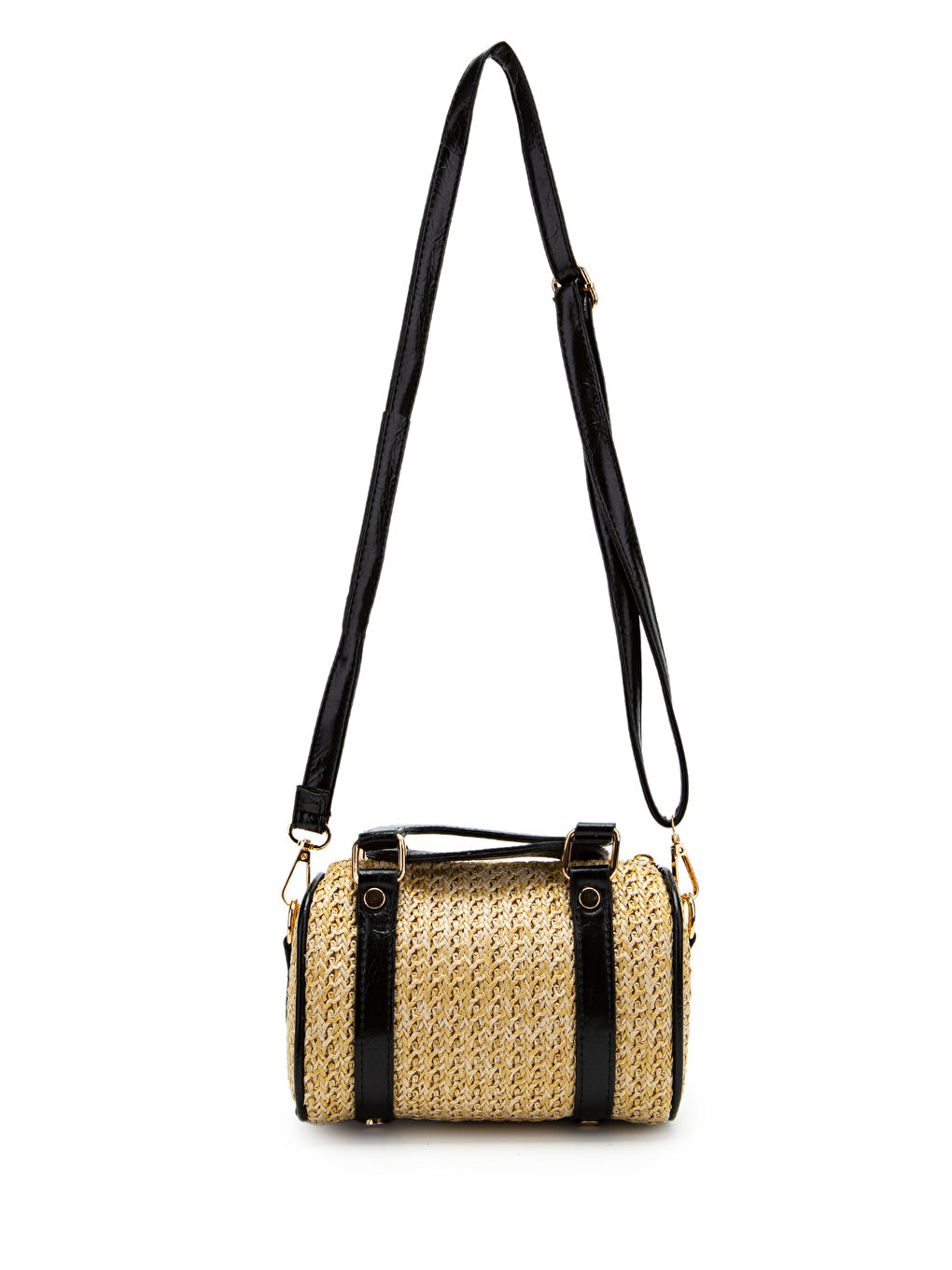 Ekru Suni Deri Lony Yuvarlak Kadın Çapraz Çanta Hasır Siyah-1