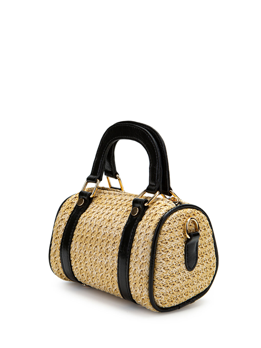 Ekru Suni Deri Lony Yuvarlak Kadın Çapraz Çanta Hasır Siyah-2