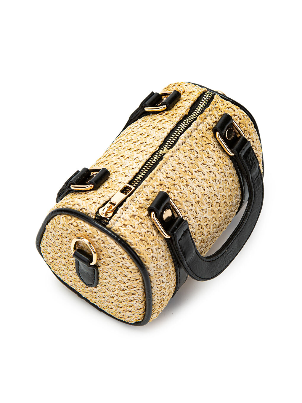 Ekru Suni Deri Lony Yuvarlak Kadın Çapraz Çanta Hasır Siyah-4