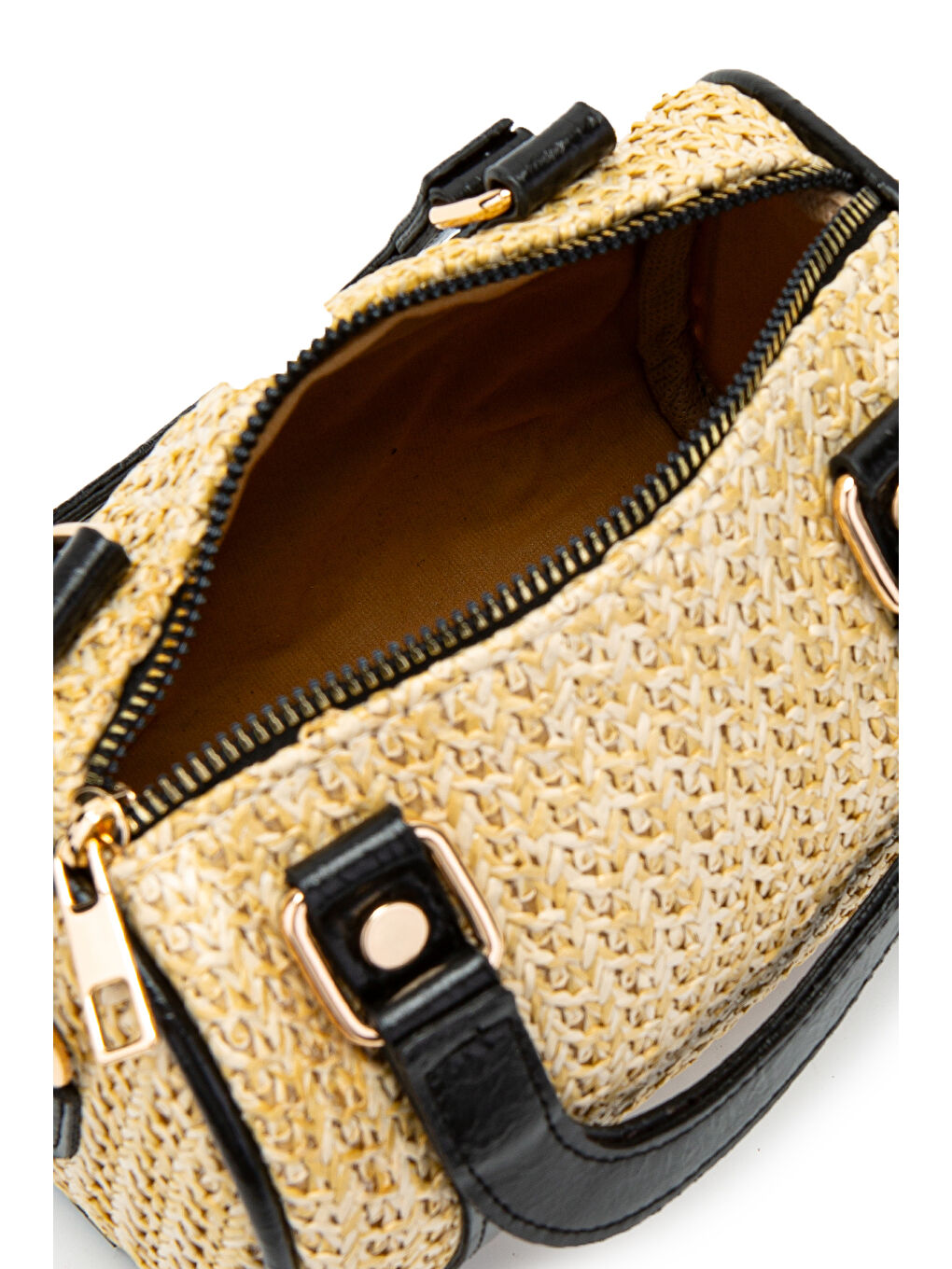 Ekru Suni Deri Lony Yuvarlak Kadın Çapraz Çanta Hasır Siyah-5