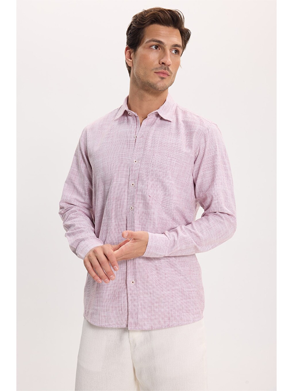 Erkek Regular Fit Klasik Kesim Oversize %100 Pamuk Keten Doku Bordo Gömlek-5