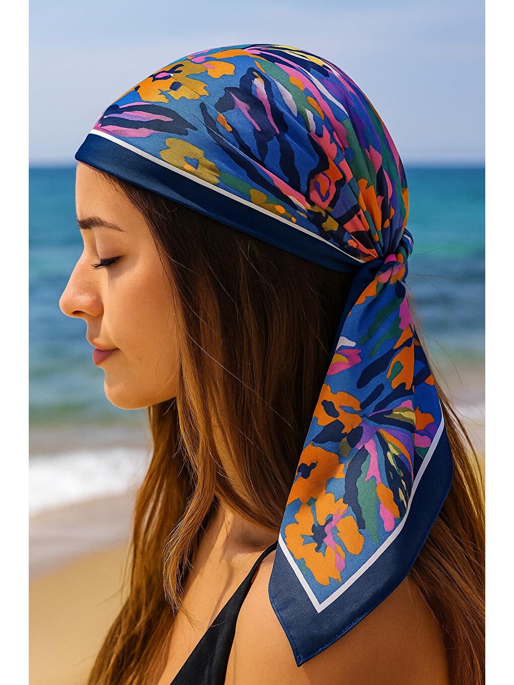 Lacivert Etnik Desenli Saten Bandana Fular