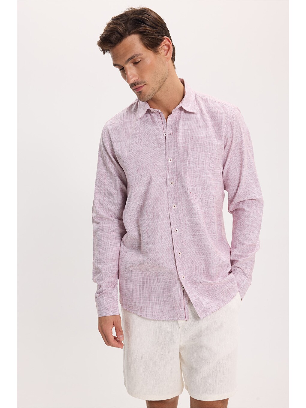 Erkek Regular Fit Klasik Kesim Oversize %100 Pamuk Keten Doku Bordo Gömlek-6