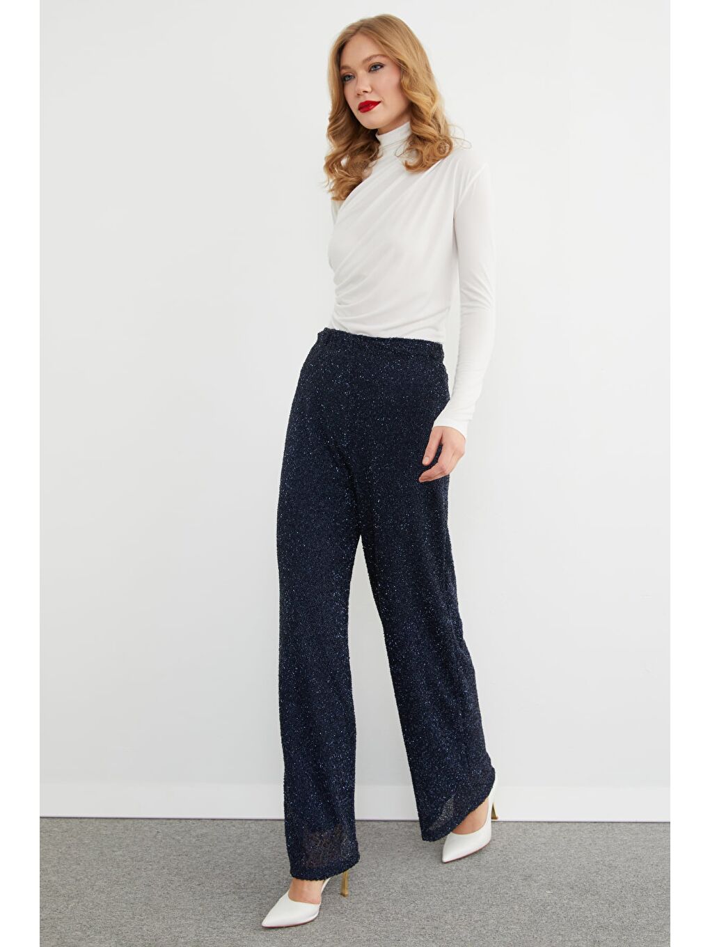 Lacivert Beli Lastikli Simli Ve Taşlı Palazzo Pantolon-1