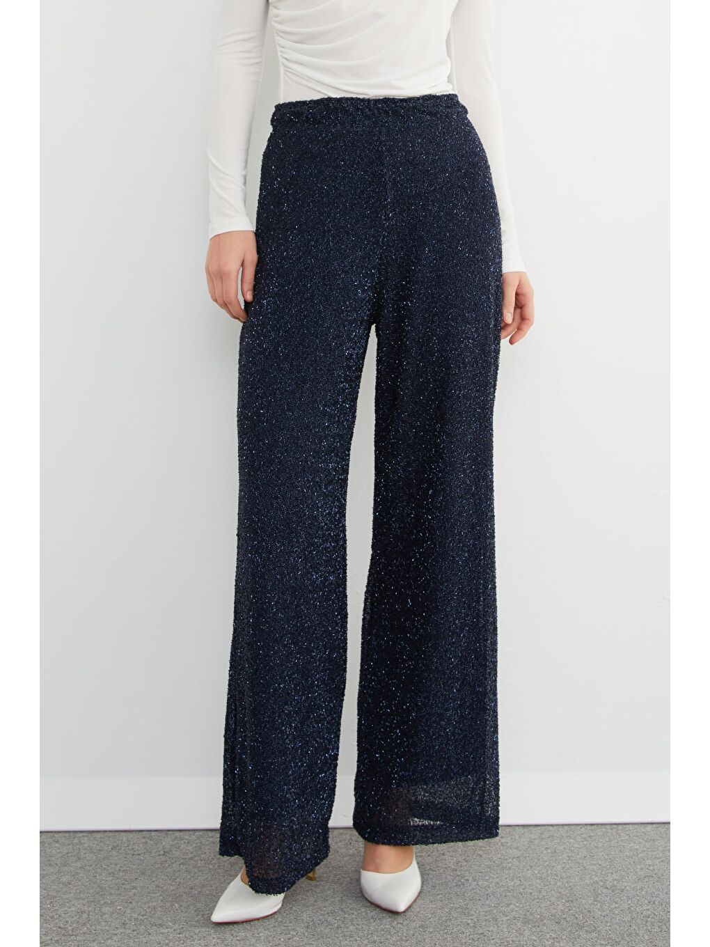 Lacivert Beli Lastikli Simli Ve Taşlı Palazzo Pantolon-2