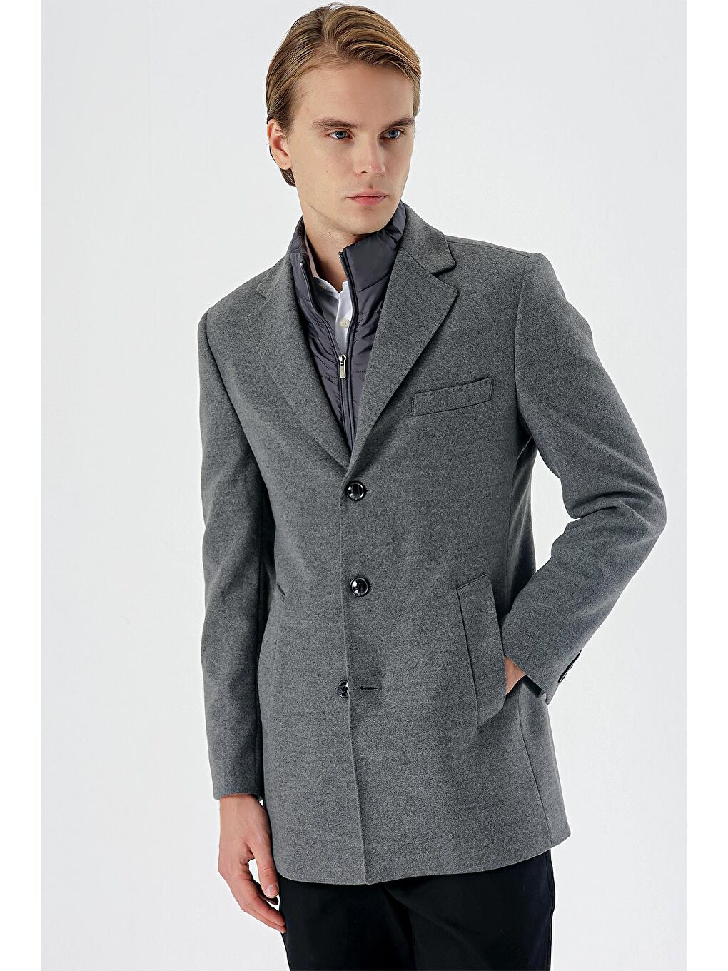 Koyu Antrasit Kaşe Mono Yaka Kapitoneli Astar Slim Fit Dar Kesim Klasik Kaban 1008235167