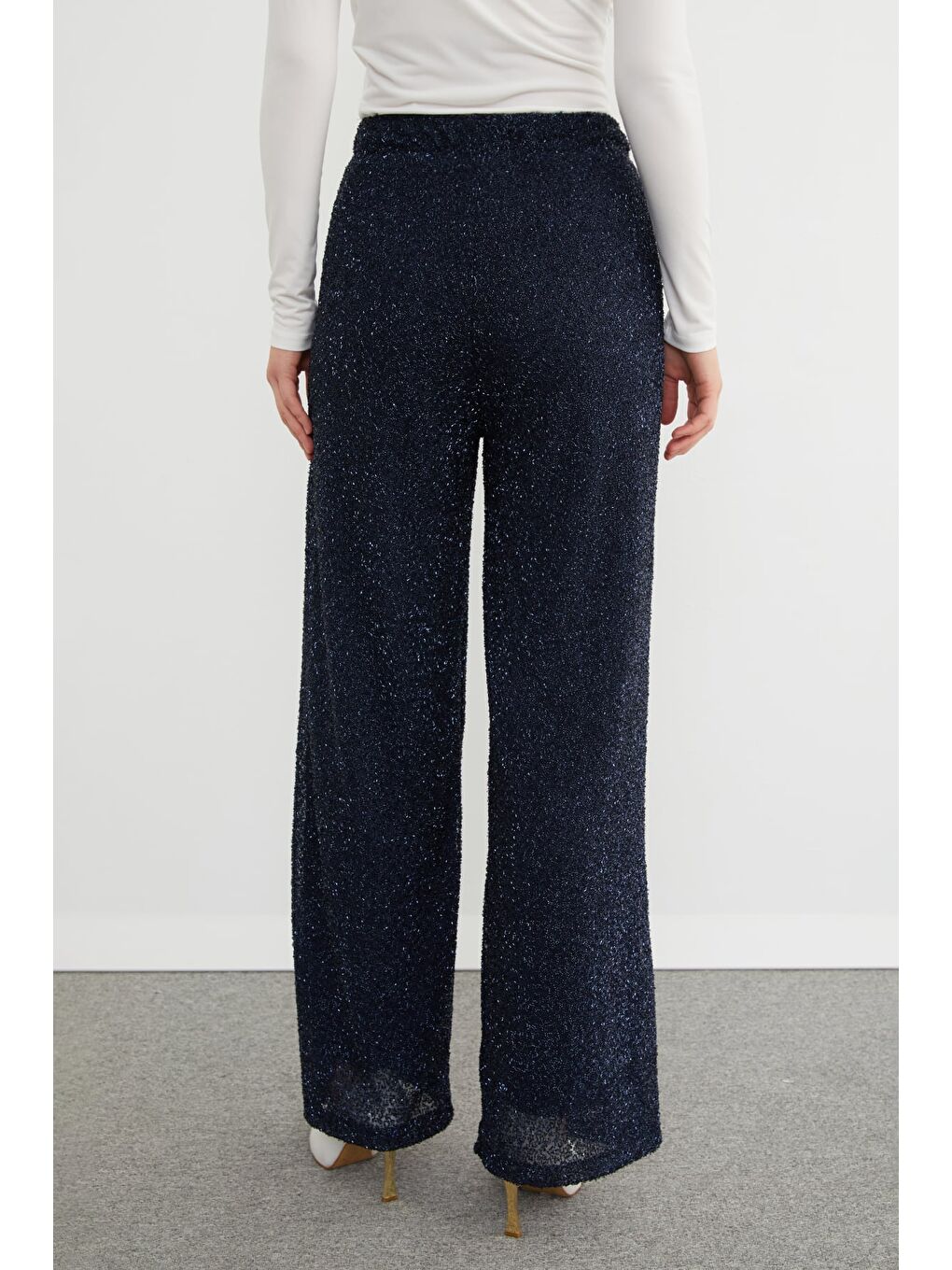 Lacivert Beli Lastikli Simli Ve Taşlı Palazzo Pantolon-4