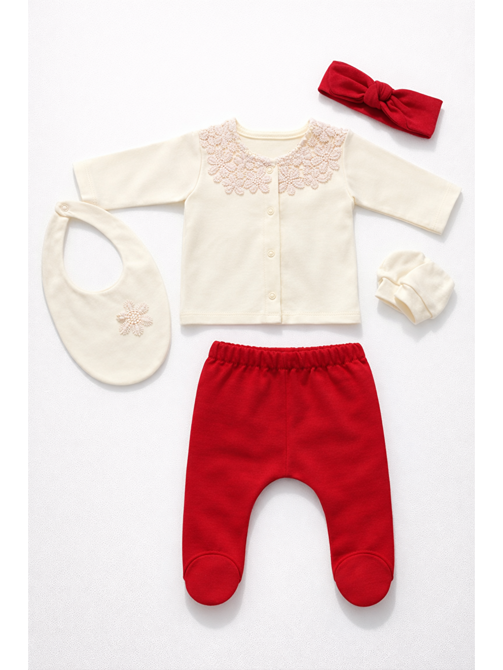 Kırmızı Kız Bebek Dantel Yakalı Saç Bandlı 5li Hastane Çıkış Seti Yenidoğan Kıyafeti 0-3 ay