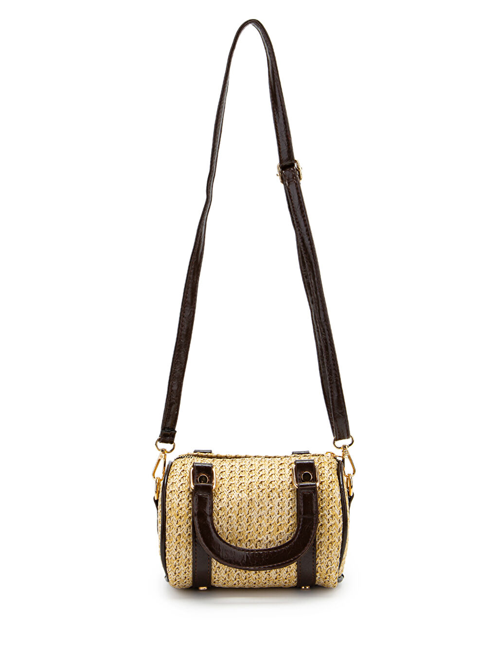 Suni Deri Lony Yuvarlak Kadın Çapraz Çanta Hasır Kahverengi-1