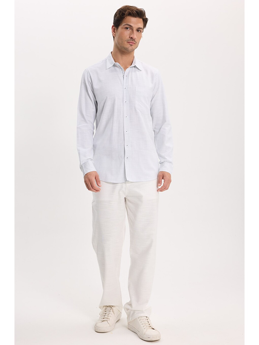 Erkek Regular Fit Klasik Kesim Oversize %100 Pamuk Keten Doku Yeşil Gömlek-1