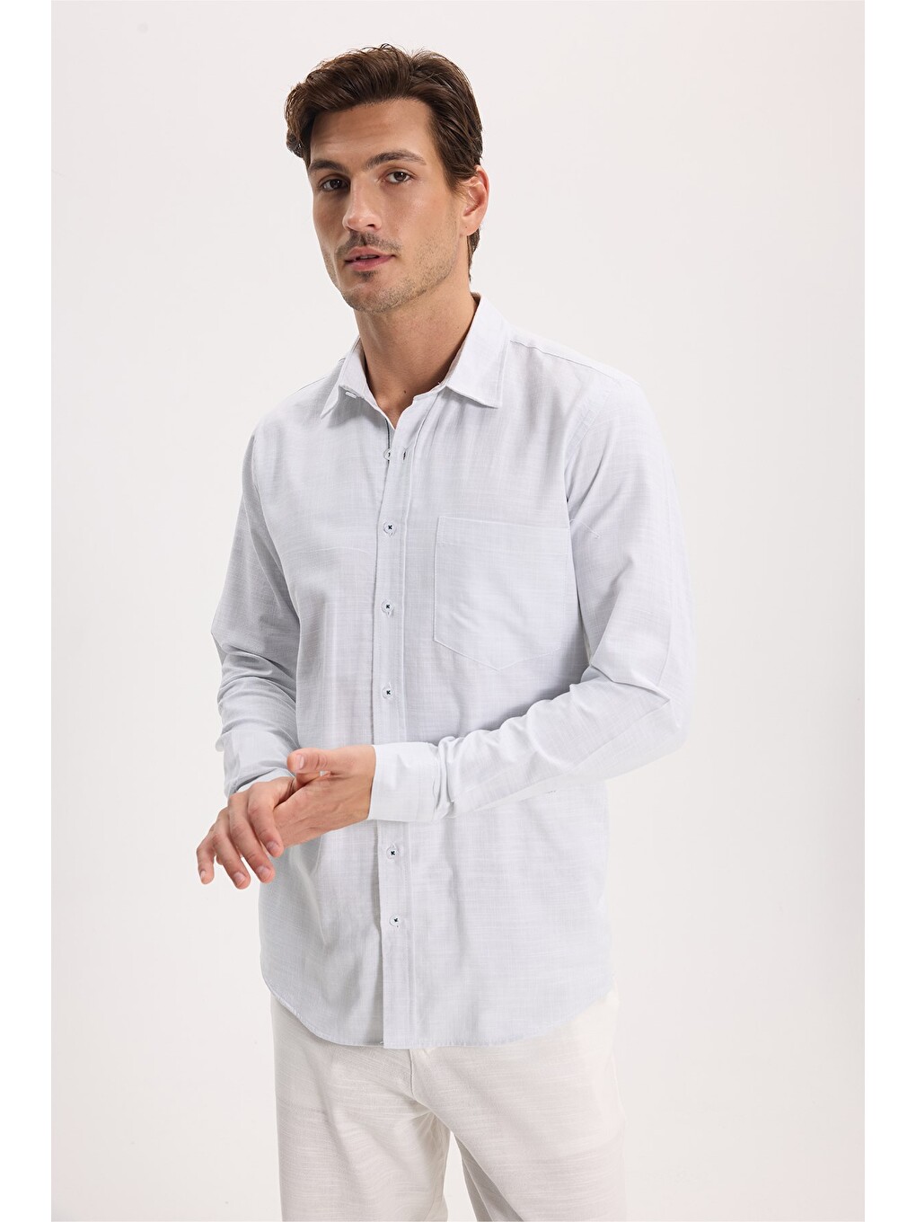 Erkek Regular Fit Klasik Kesim Oversize %100 Pamuk Keten Doku Yeşil Gömlek-2