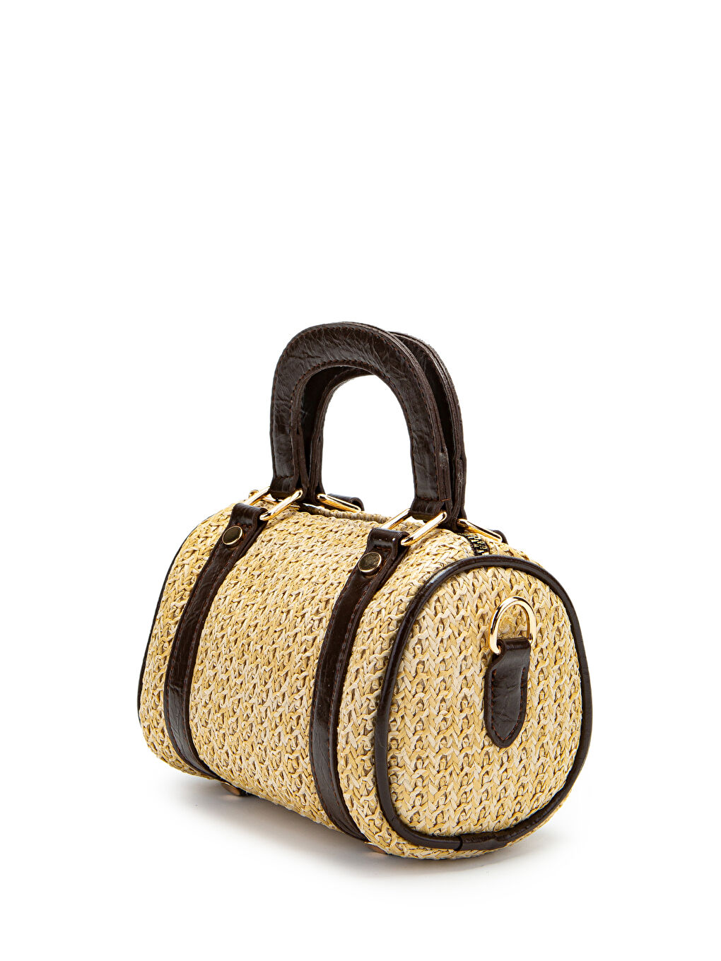 Suni Deri Lony Yuvarlak Kadın Çapraz Çanta Hasır Kahverengi-2