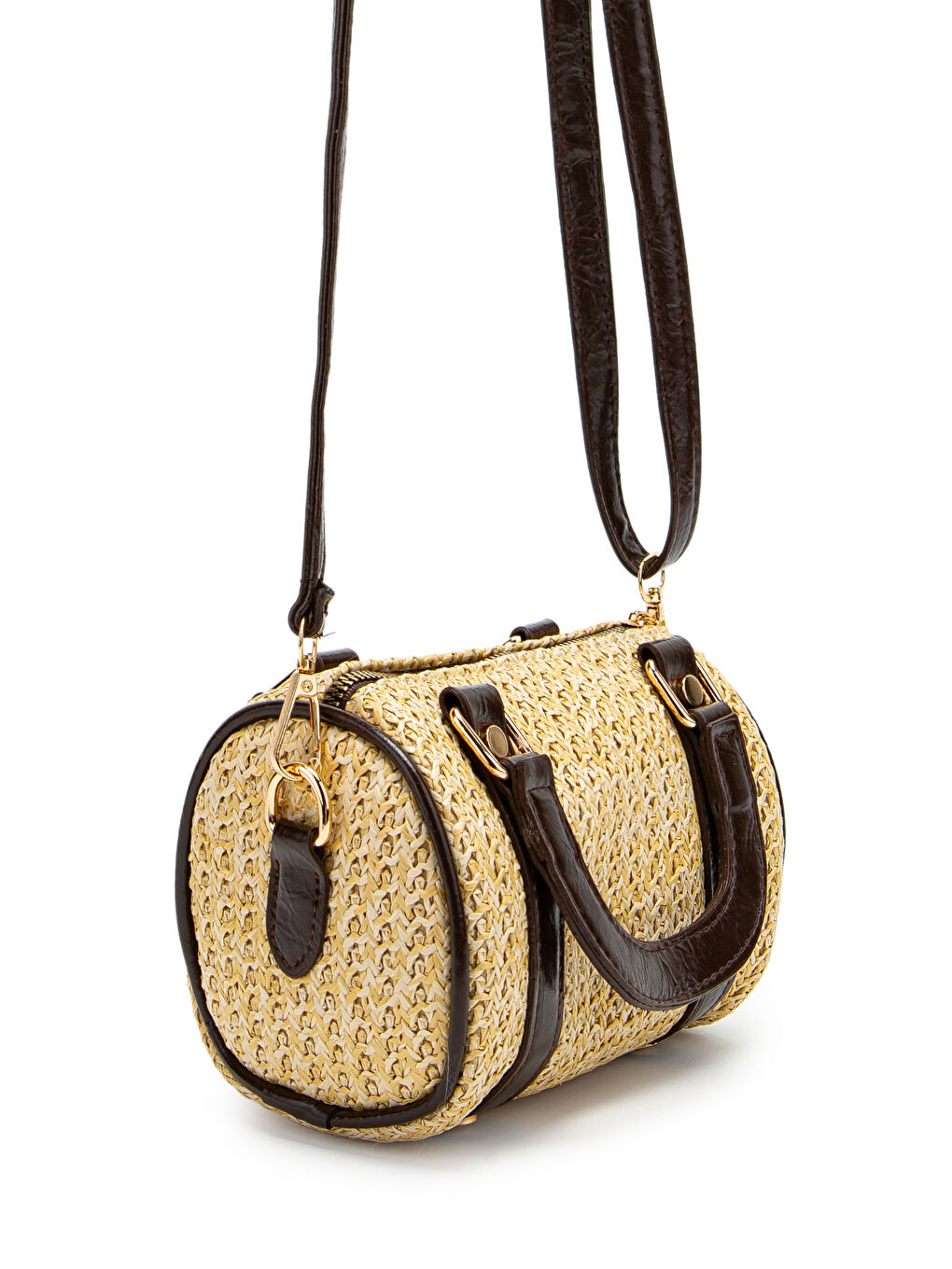 Suni Deri Lony Yuvarlak Kadın Çapraz Çanta Hasır Kahverengi-3