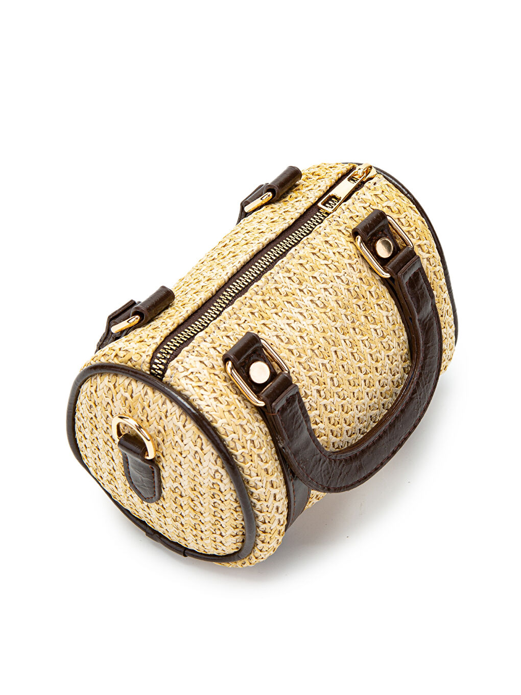 Suni Deri Lony Yuvarlak Kadın Çapraz Çanta Hasır Kahverengi-4