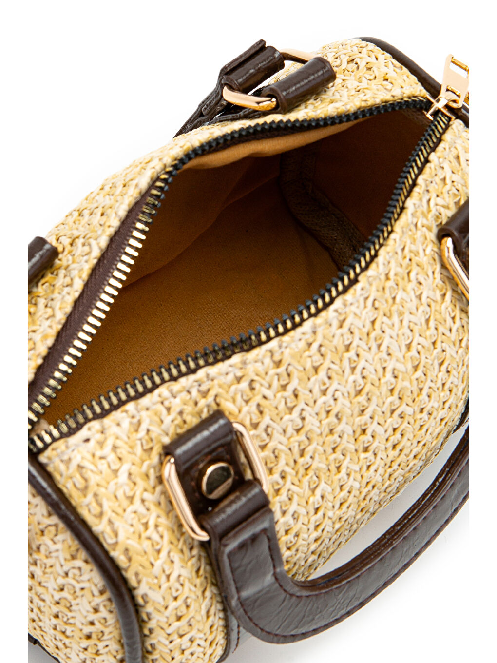 Suni Deri Lony Yuvarlak Kadın Çapraz Çanta Hasır Kahverengi-5