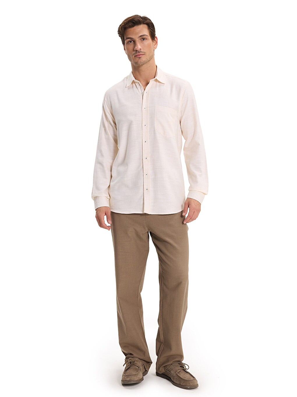 Erkek Regular Fit Klasik Kesim Oversize %100 Pamuk Keten Doku Bej Gömlek-1