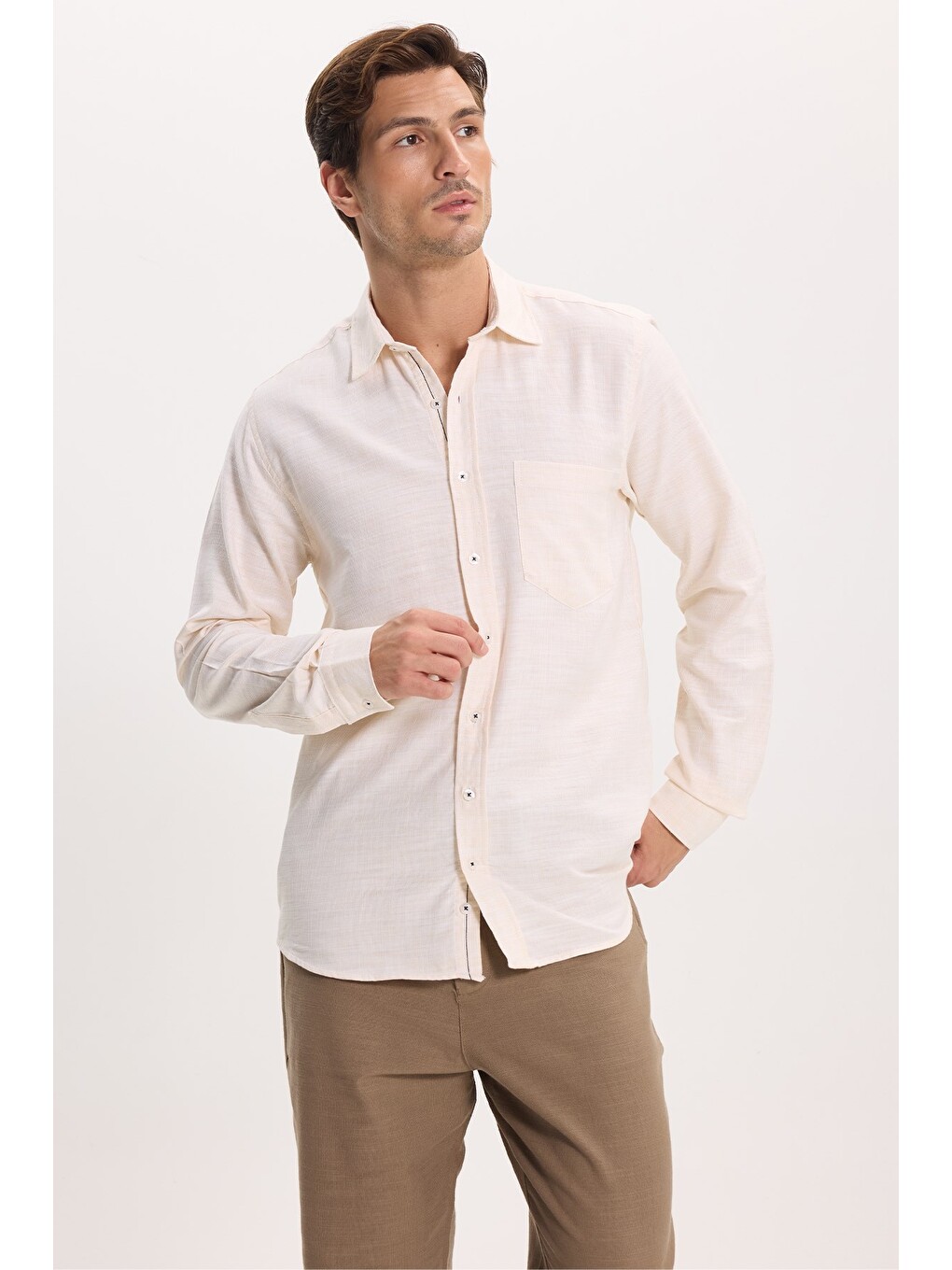Erkek Regular Fit Klasik Kesim Oversize %100 Pamuk Keten Doku Bej Gömlek-5