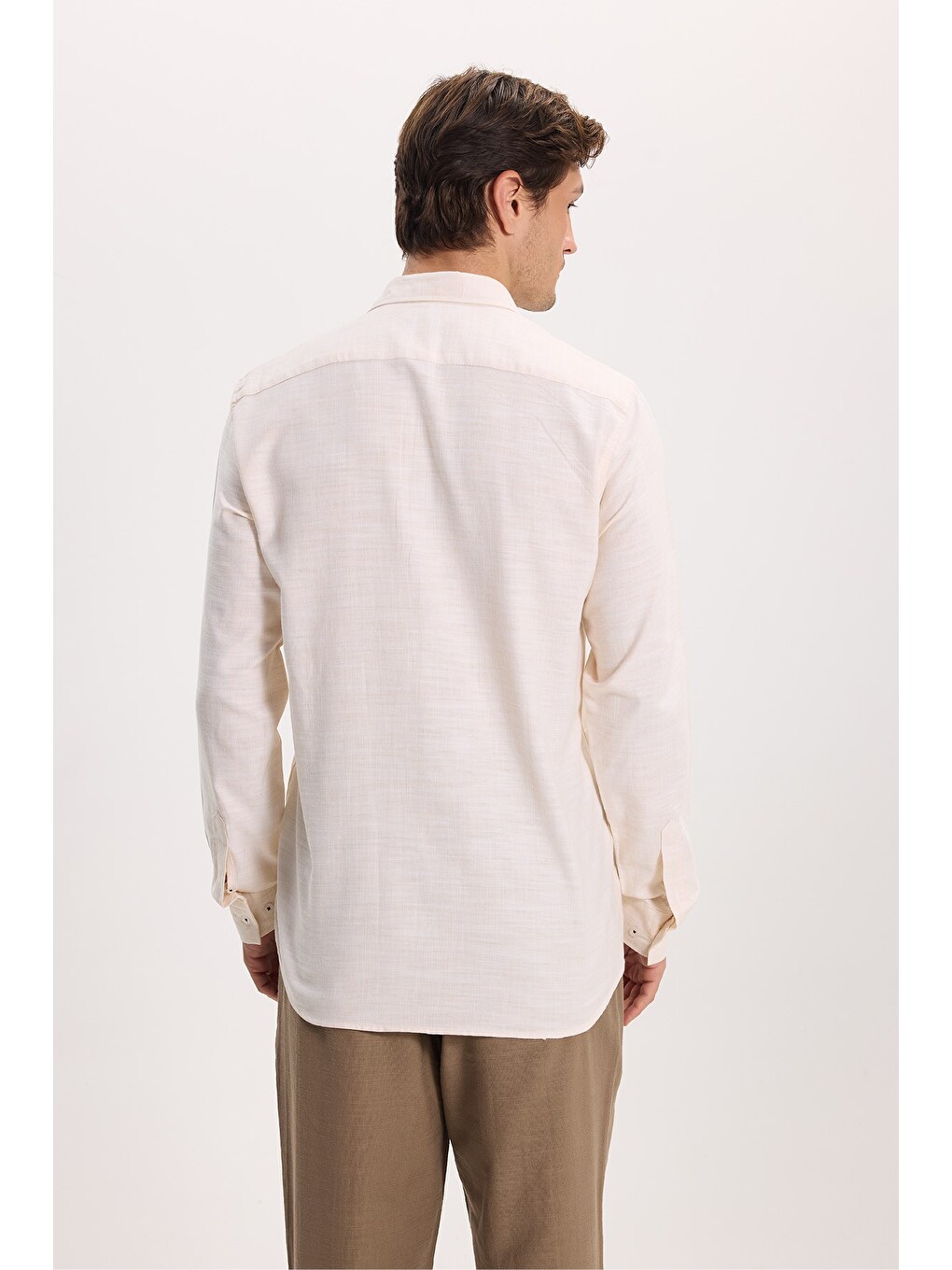 Erkek Regular Fit Klasik Kesim Oversize %100 Pamuk Keten Doku Bej Gömlek-6