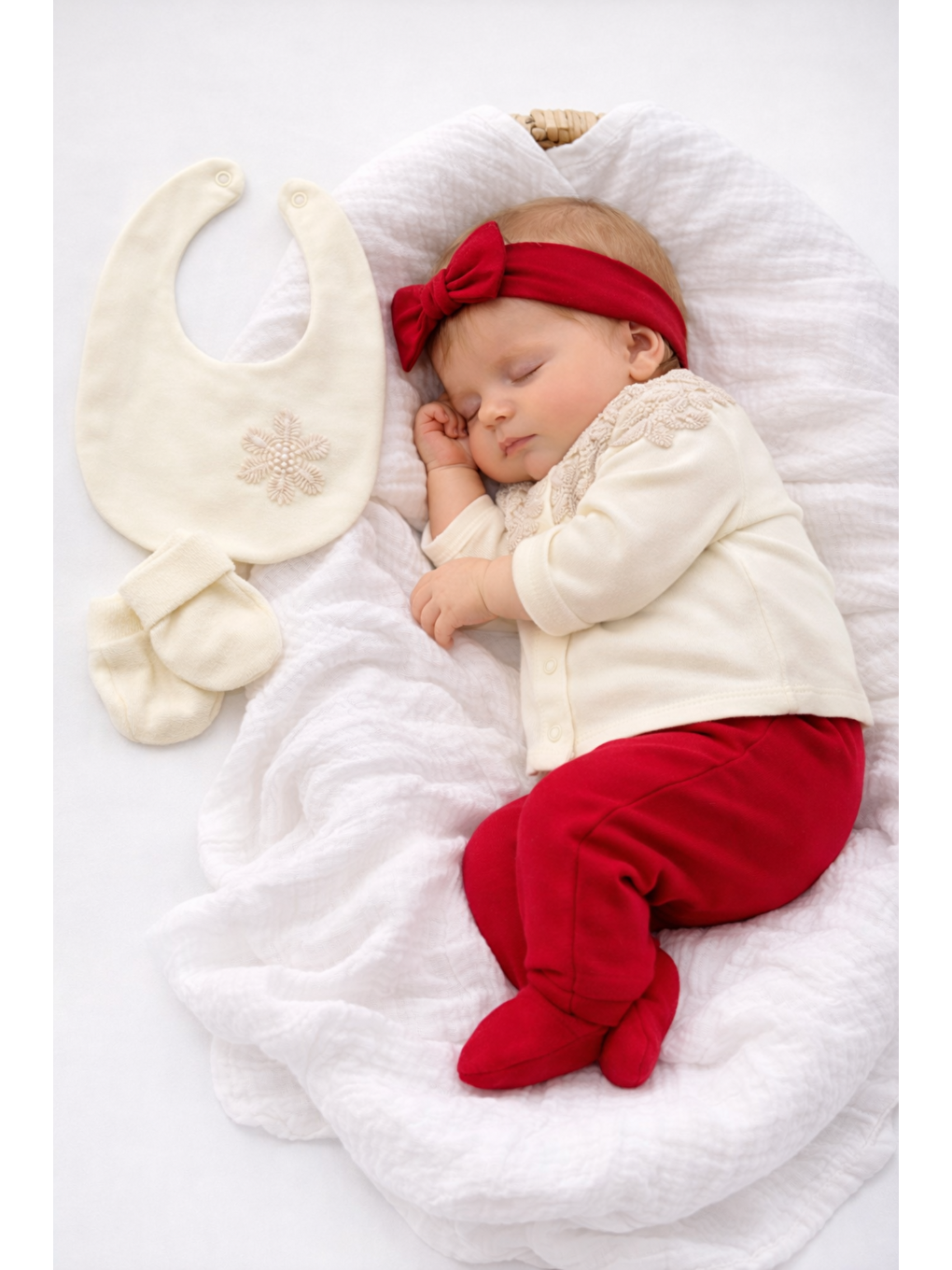 Kırmızı Kız Bebek Dantel Yakalı Saç Bandlı 5li Hastane Çıkış Seti Yenidoğan Kıyafeti 0-3 ay-3