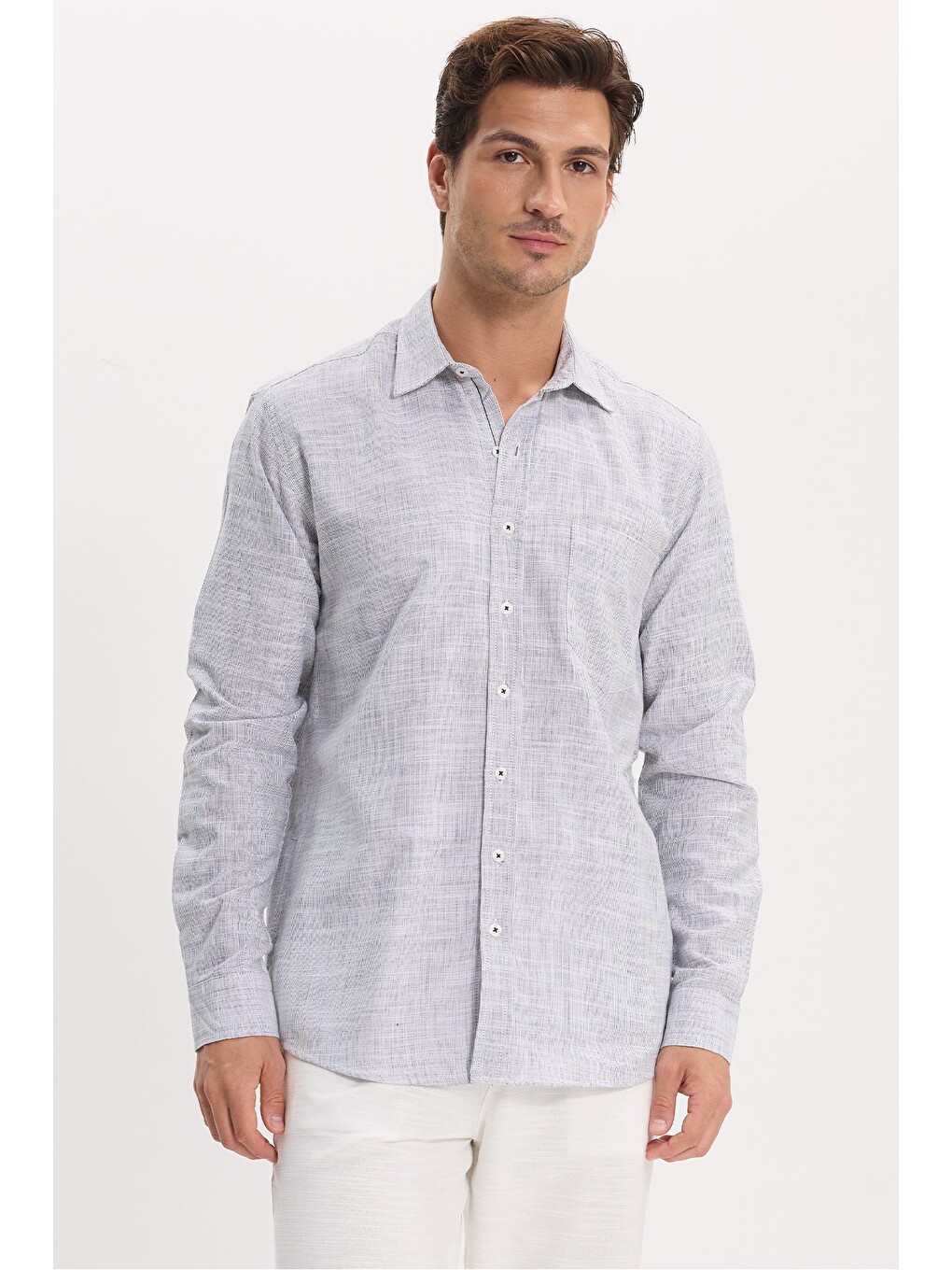 Erkek Regular Fit Klasik Kesim Oversize %100 Pamuk Keten Doku Gri Gömlek
