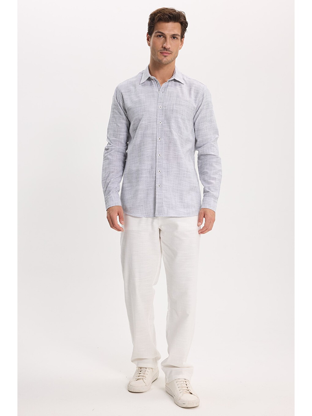 Erkek Regular Fit Klasik Kesim Oversize %100 Pamuk Keten Doku Gri Gömlek-1