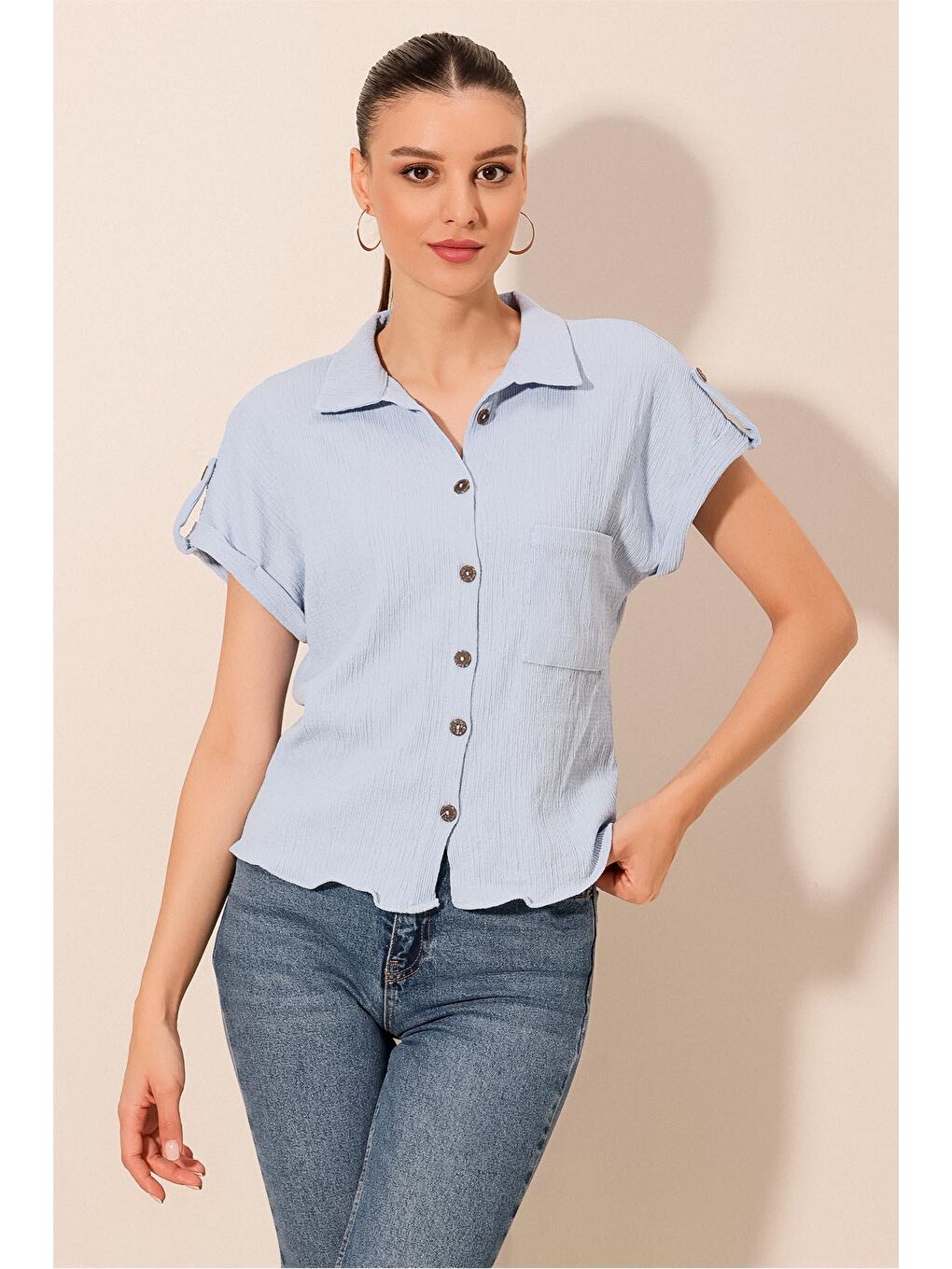 20187 Kısa Kol Oversize Örme Gömlek - Mavi