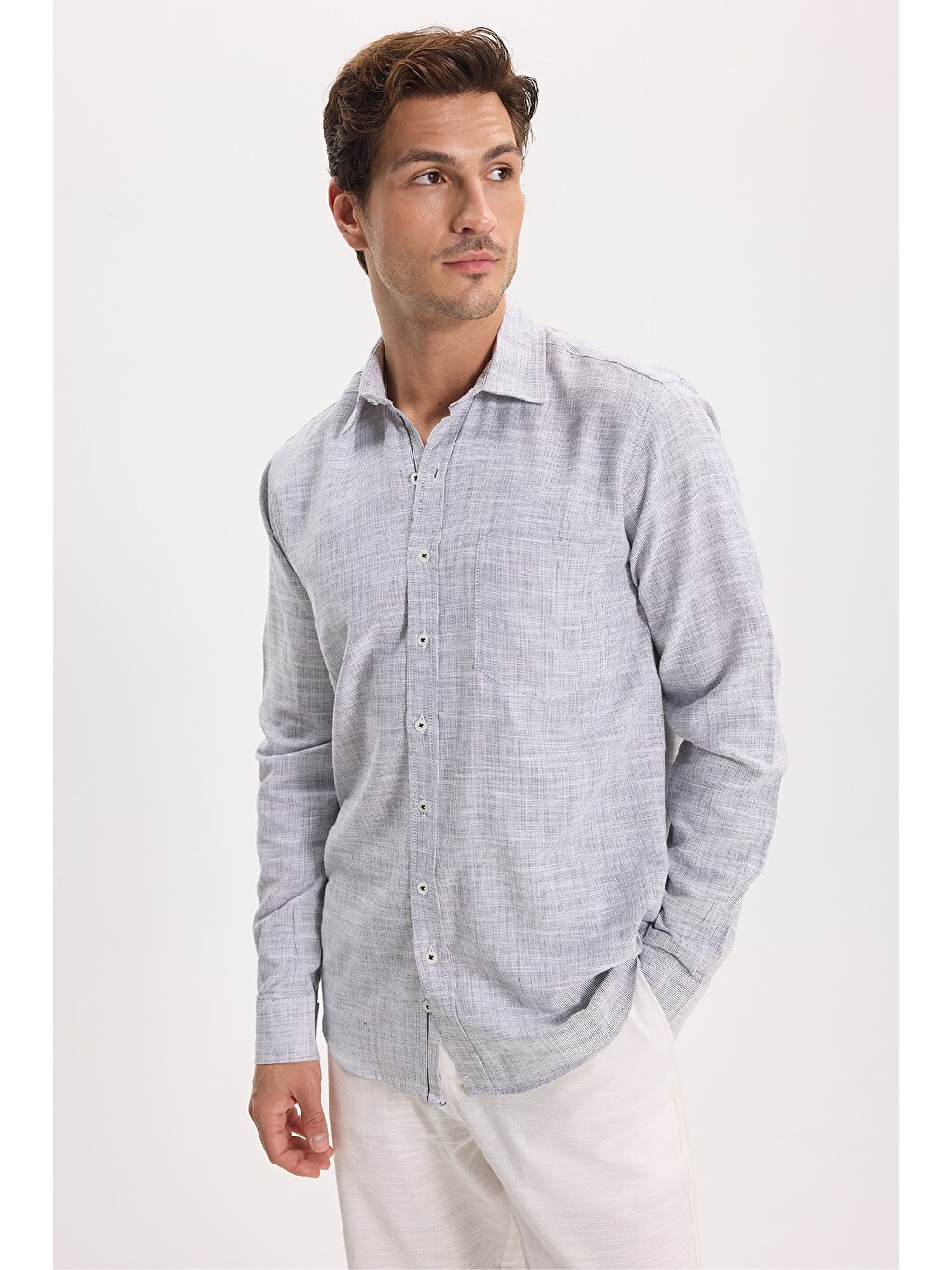 Erkek Regular Fit Klasik Kesim Oversize %100 Pamuk Keten Doku Gri Gömlek-2