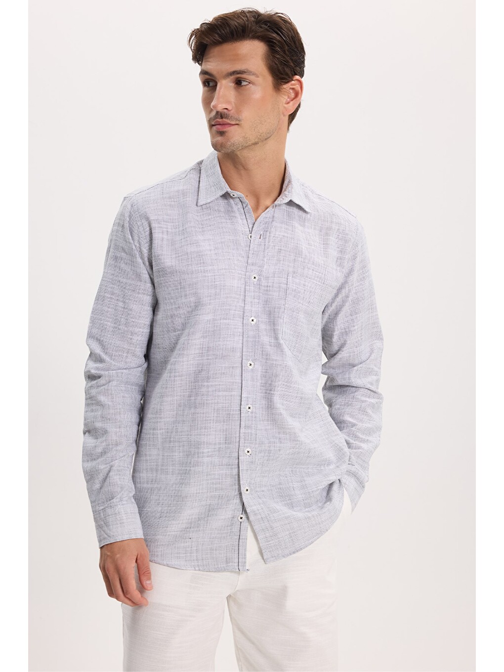 Erkek Regular Fit Klasik Kesim Oversize %100 Pamuk Keten Doku Gri Gömlek-6