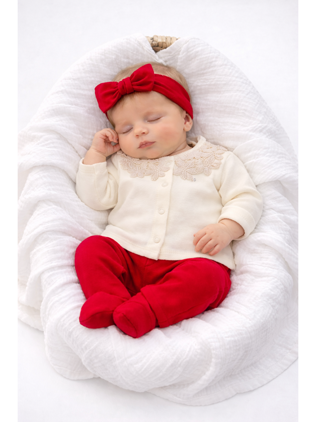 Kırmızı Kız Bebek Dantel Yakalı Saç Bandlı 5li Hastane Çıkış Seti Yenidoğan Kıyafeti 0-3 ay-5