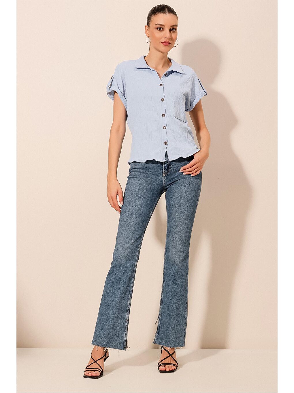 20187 Kısa Kol Oversize Örme Gömlek - Mavi-1