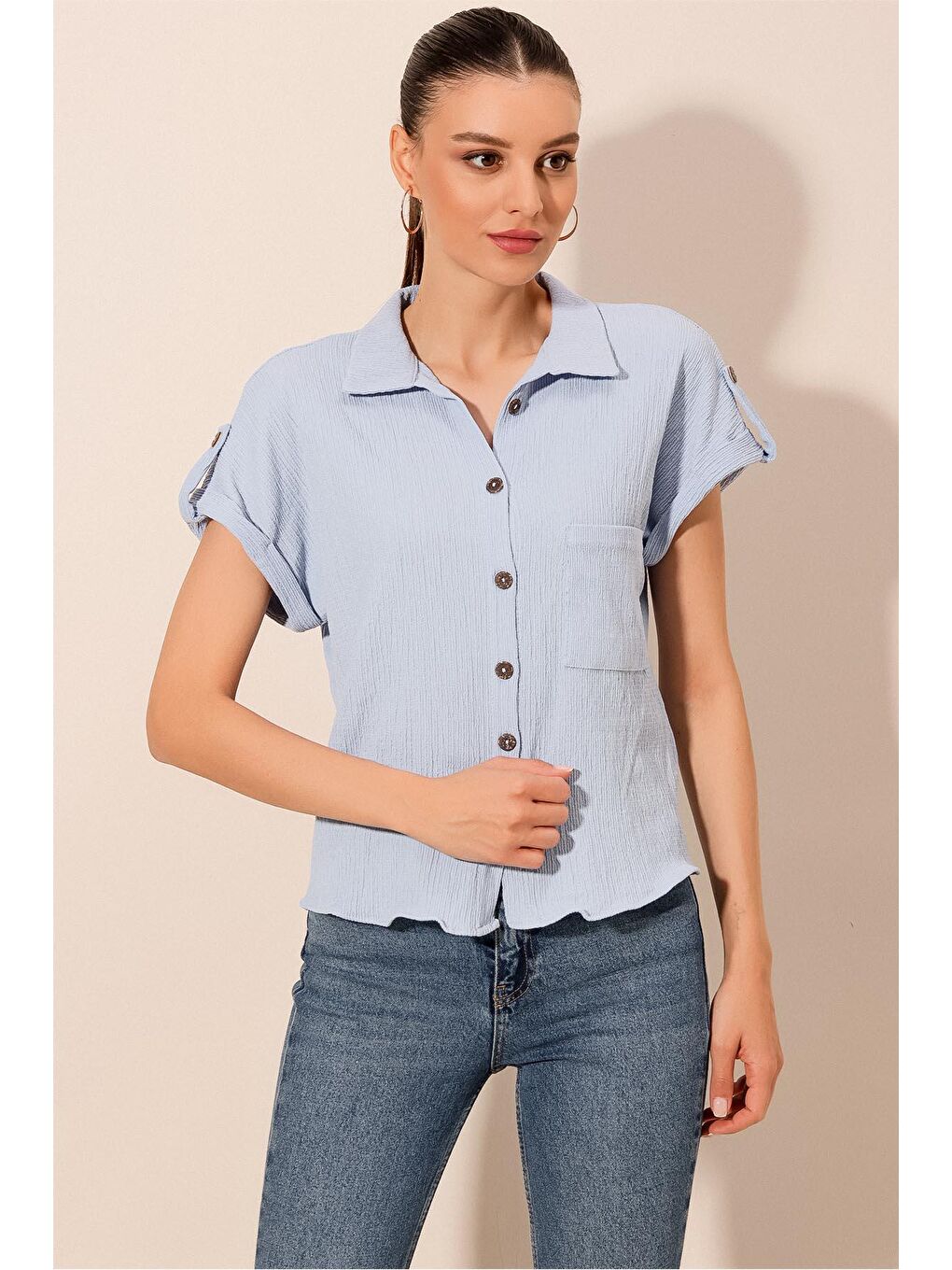 20187 Kısa Kol Oversize Örme Gömlek - Mavi-2