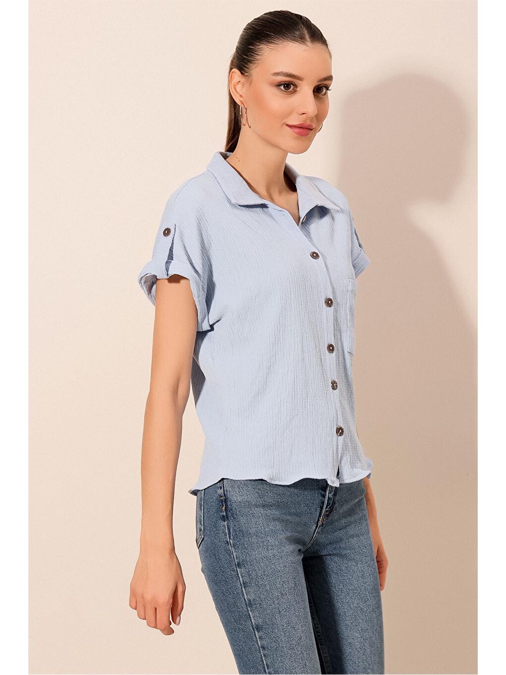 20187 Kısa Kol Oversize Örme Gömlek - Mavi-3