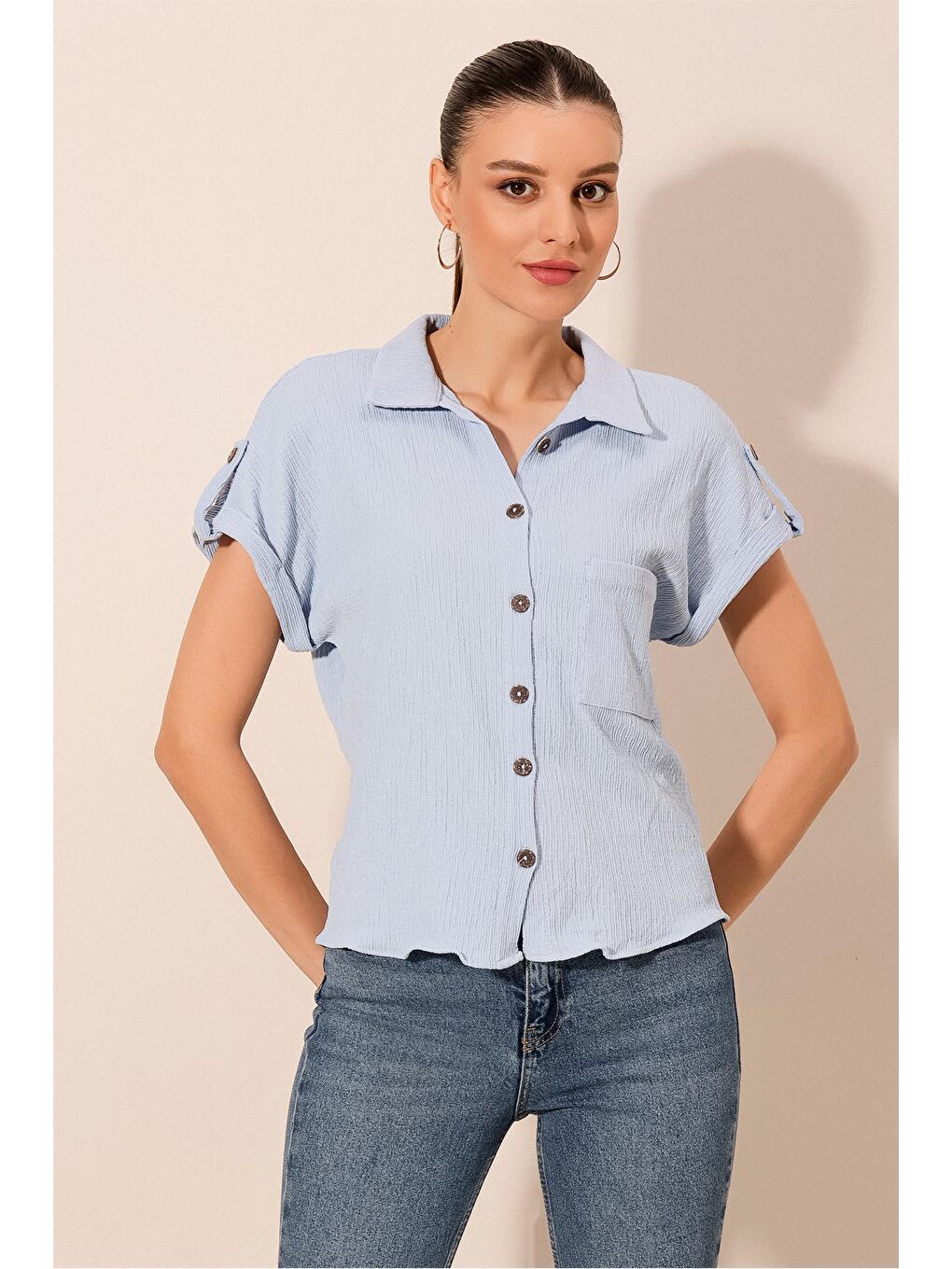 20187 Kısa Kol Oversize Örme Gömlek - Mavi-4