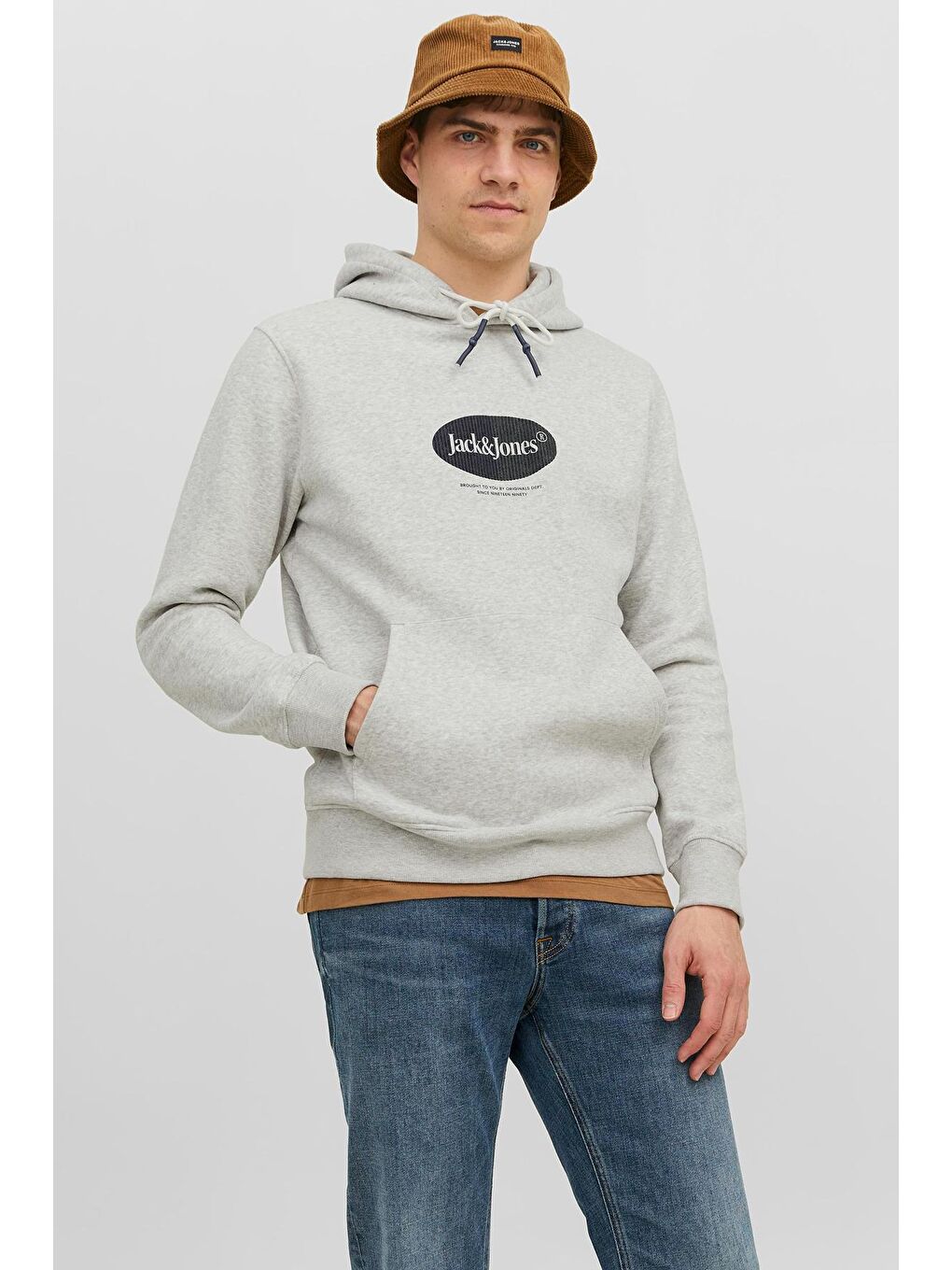 Jack & Jones Açık Gri Jordalston Pamuklu Kapüşonlu Cepli Regular Fit Erkek Sweat 12242197