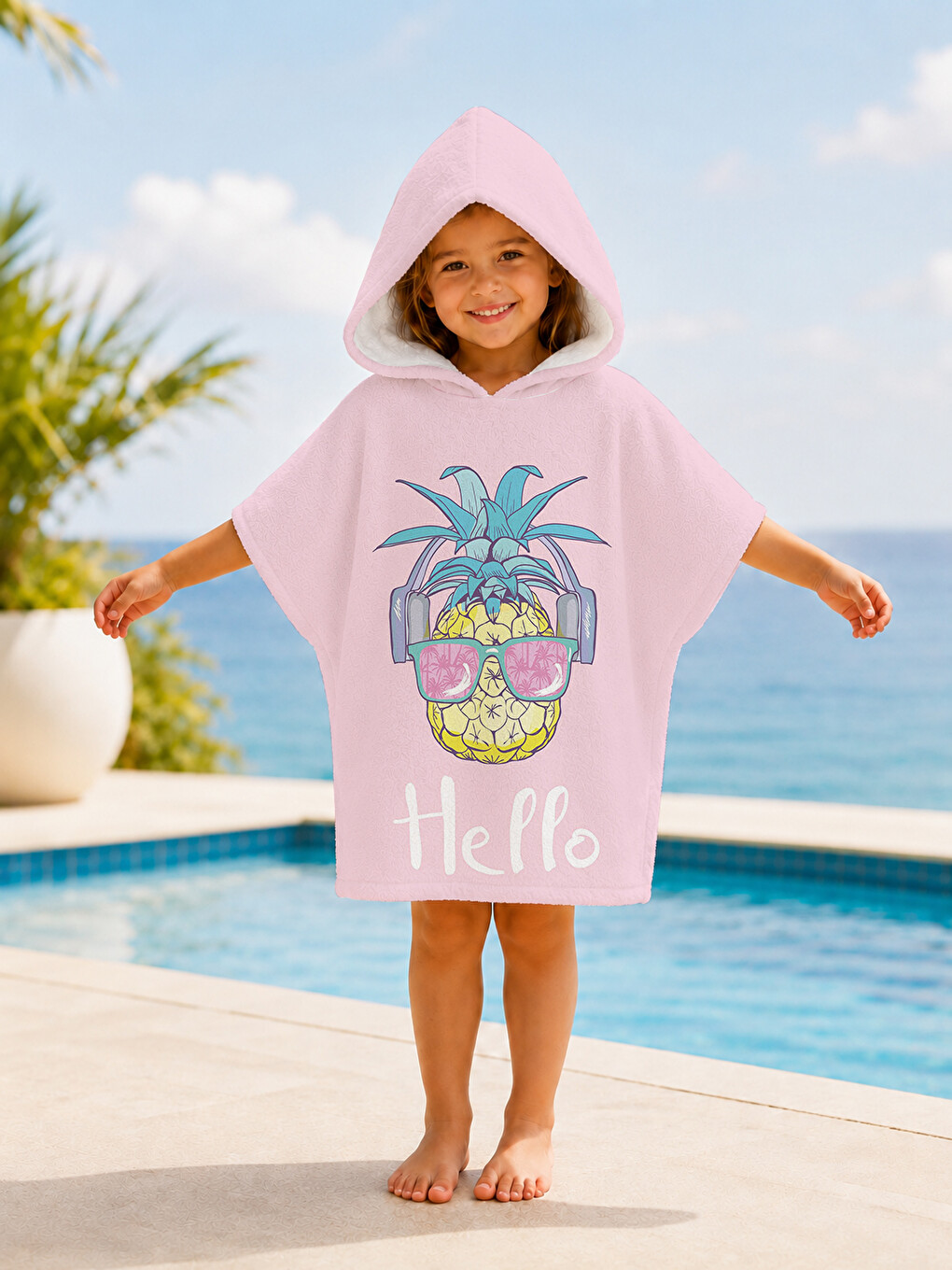 Pembe Tropikal Ananas Desenli Kız Çocuk Panço Havlu-2