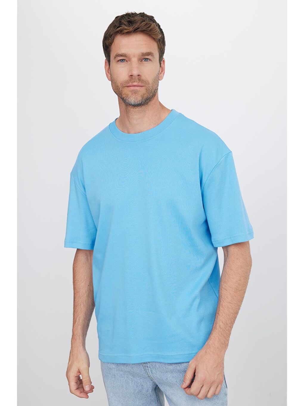 Unisex Oversize Geniş Kesim %100 Pamuk Yumuşak Dokulu Basic Bisiklet Yaka Mavi Tişört