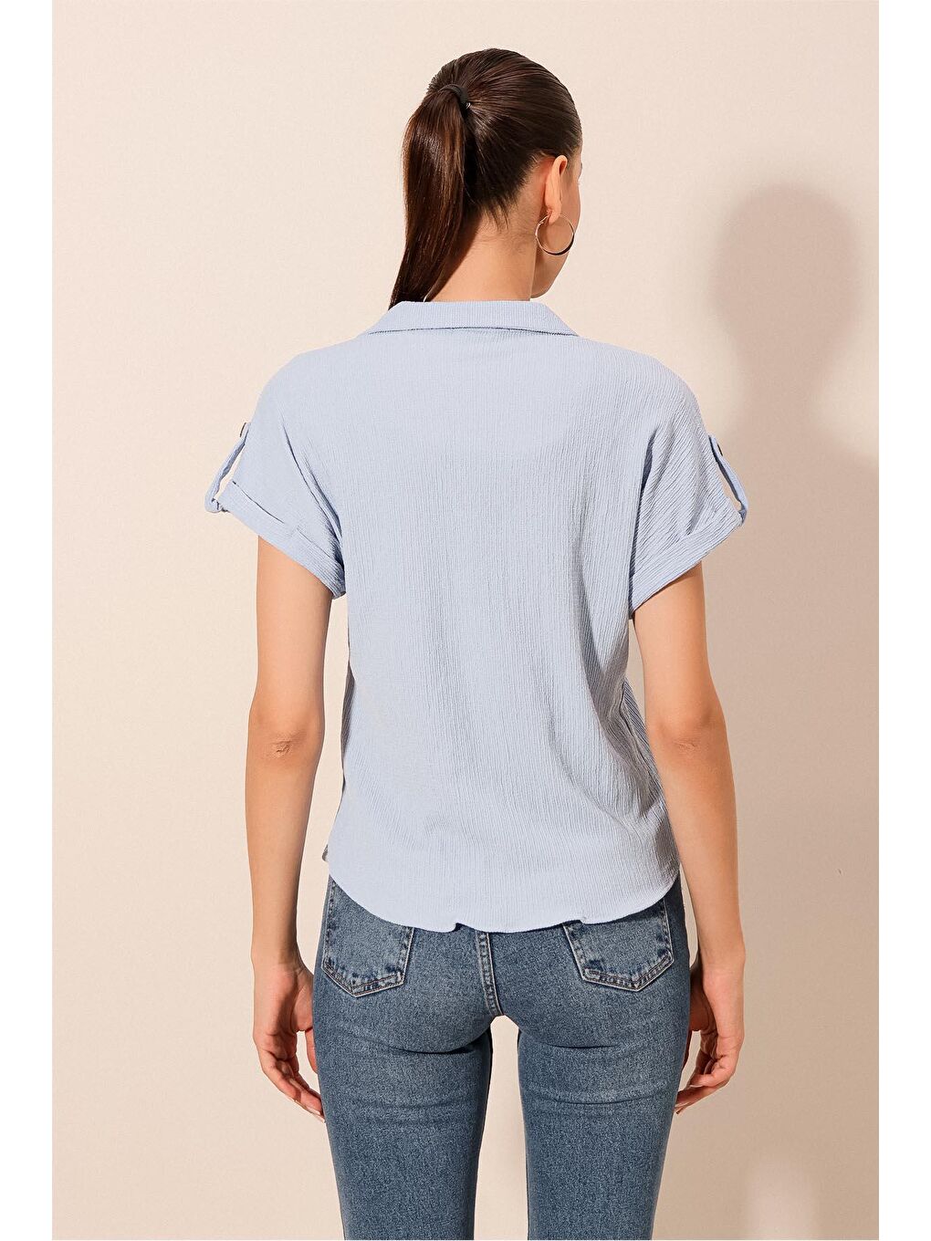 20187 Kısa Kol Oversize Örme Gömlek - Mavi-5