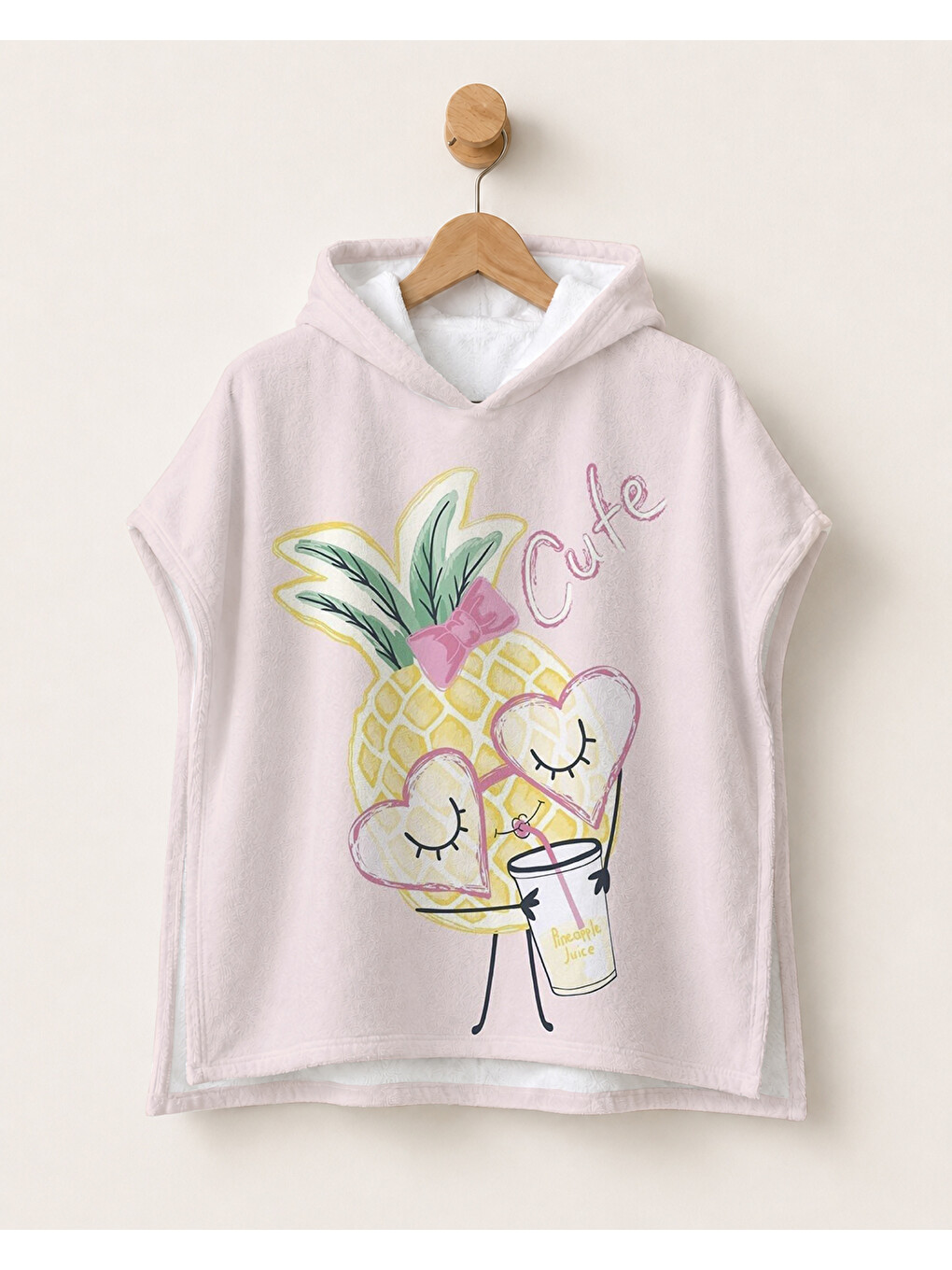 Pembe Ananas ve Dondurma Desenli Kız Çocuk Panço Havlu