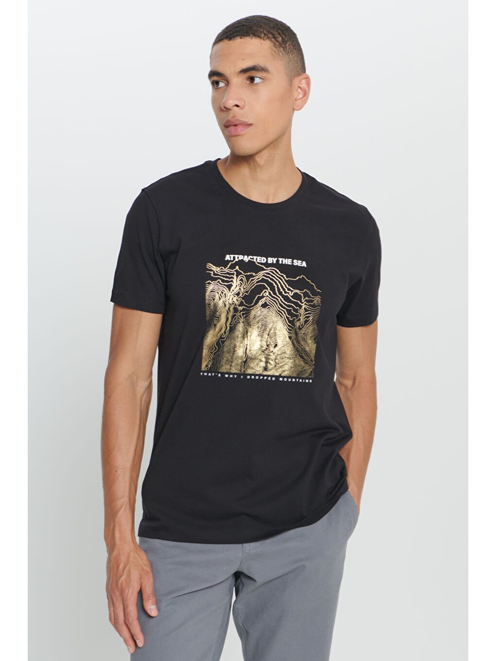 Erkek Siyah Standart Fit Normal Kesim %100 Pamuk Baskılı Bisiklet Yaka Tişört