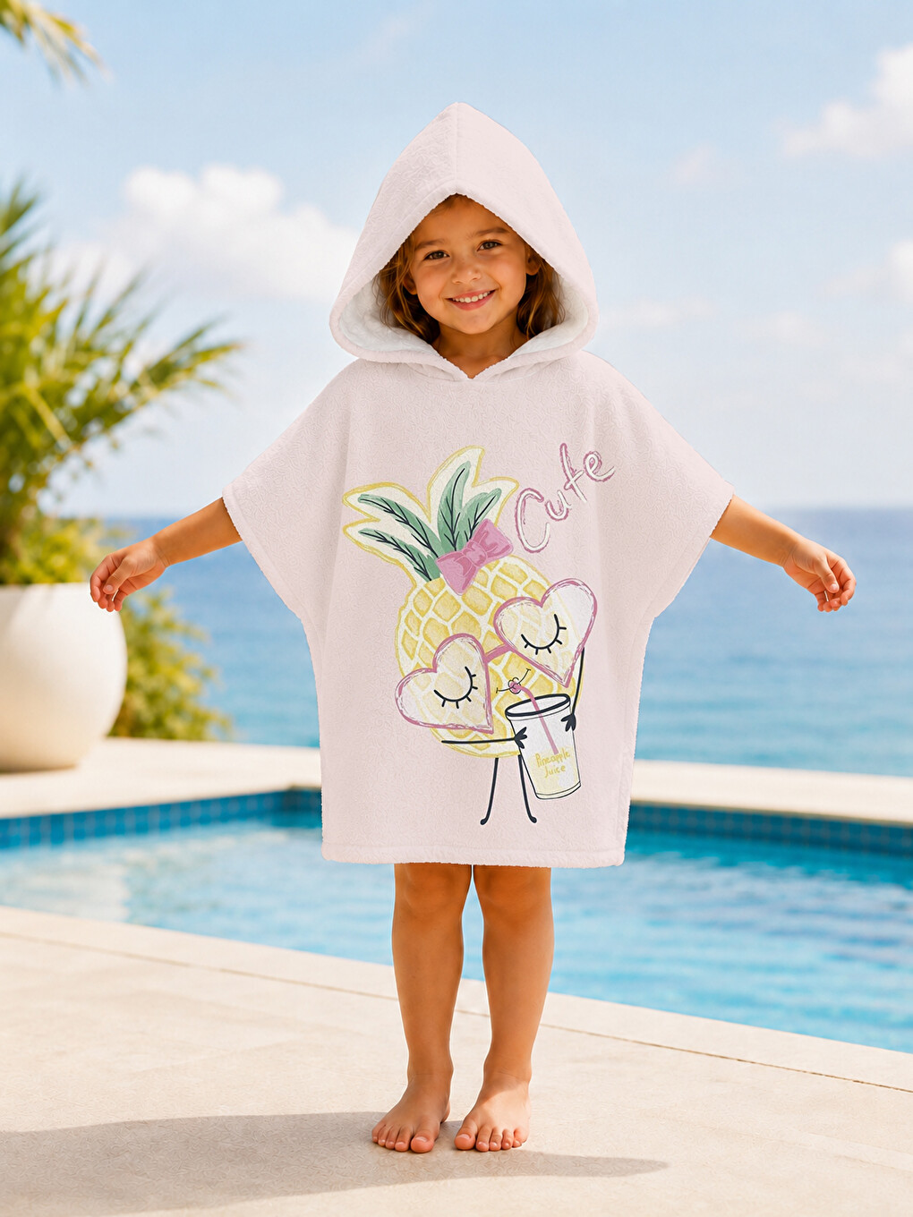 Pembe Ananas ve Dondurma Desenli Kız Çocuk Panço Havlu-2