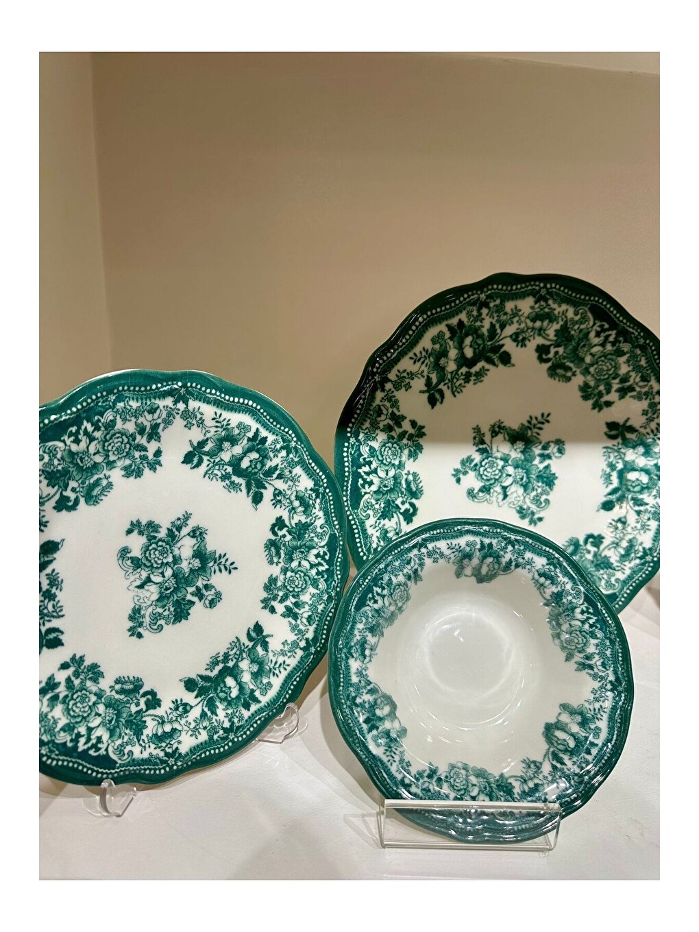 Beyaz Porselen Kadife Yemek Takımı Yeşil 6 Kişilik 24 Parça-4