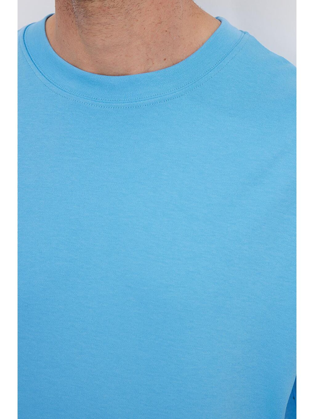 Unisex Oversize Geniş Kesim %100 Pamuk Yumuşak Dokulu Basic Bisiklet Yaka Mavi Tişört-2